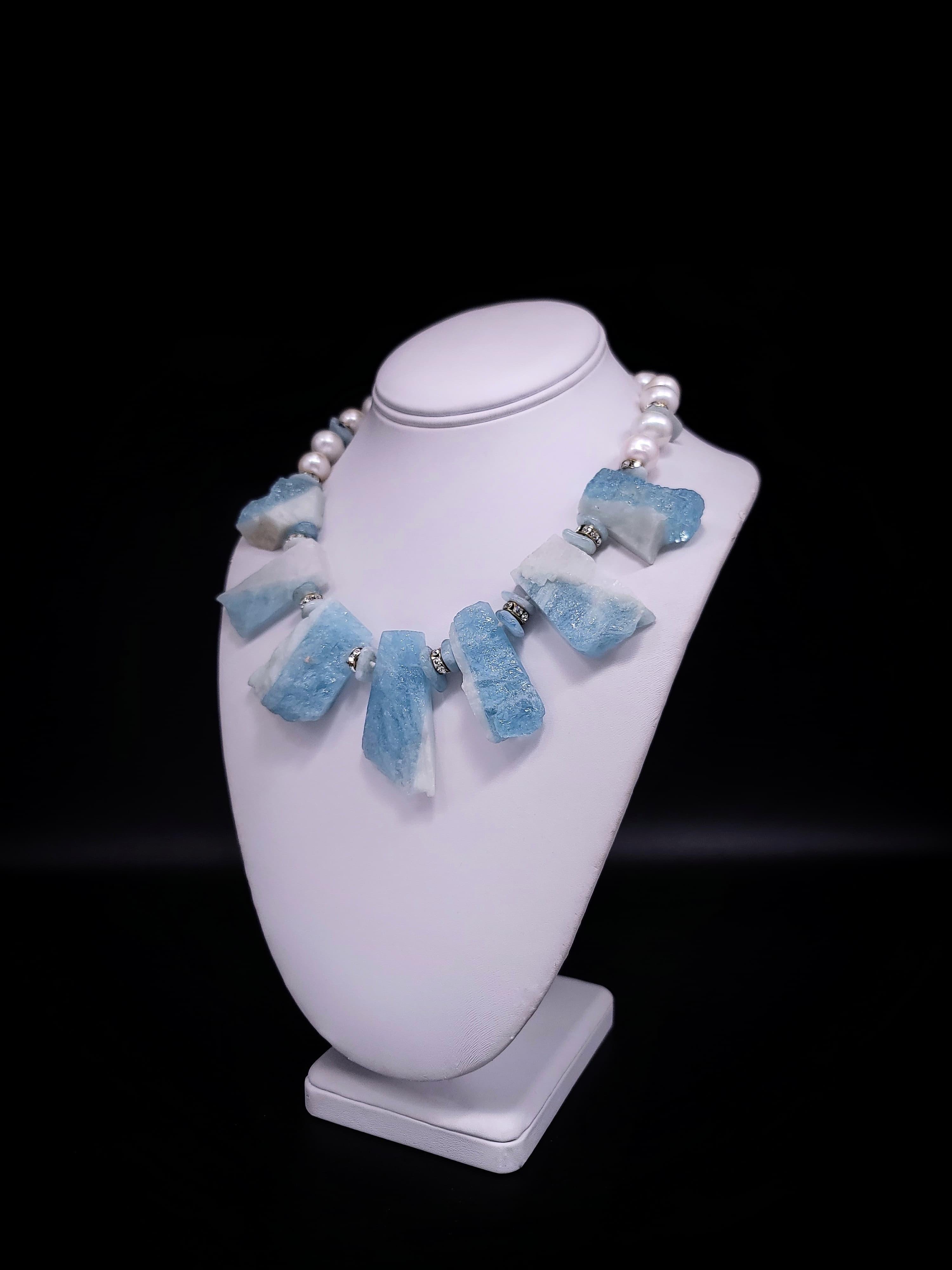 Contemporary A.Jeschel Natural Aquamarine with Freswater Pearl necklace. For Sale