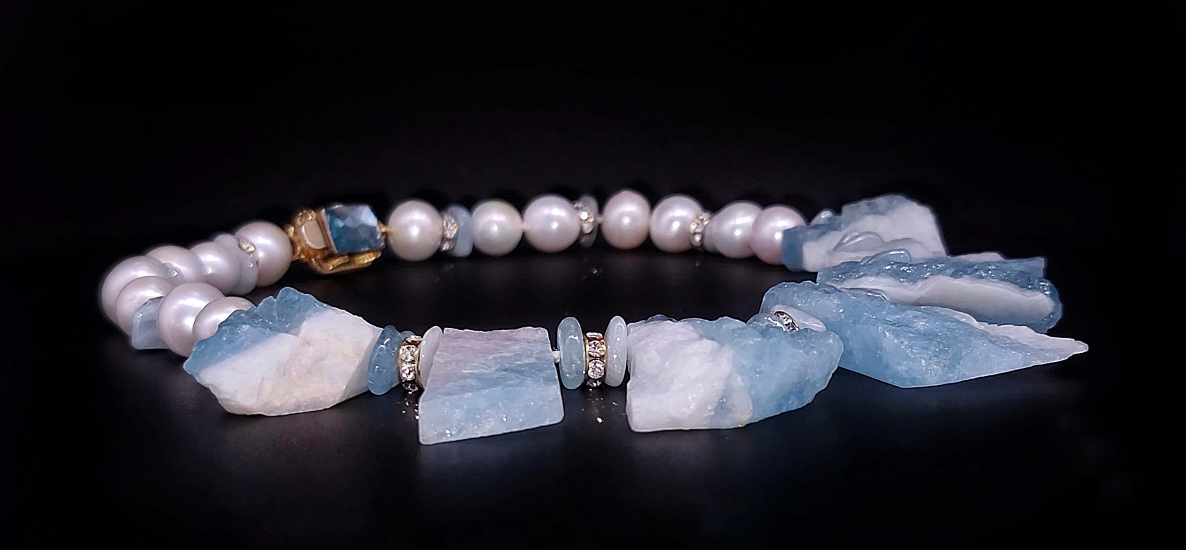 A.Jeschel Natural Aquamarine with Freswater Pearl necklace. In New Condition For Sale In Miami, FL