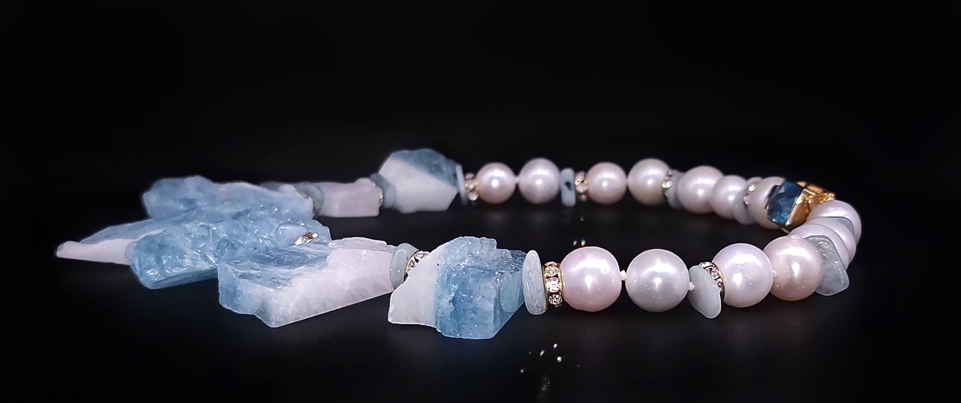 Women's or Men's A.Jeschel Natural Aquamarine with Freswater Pearl necklace. For Sale