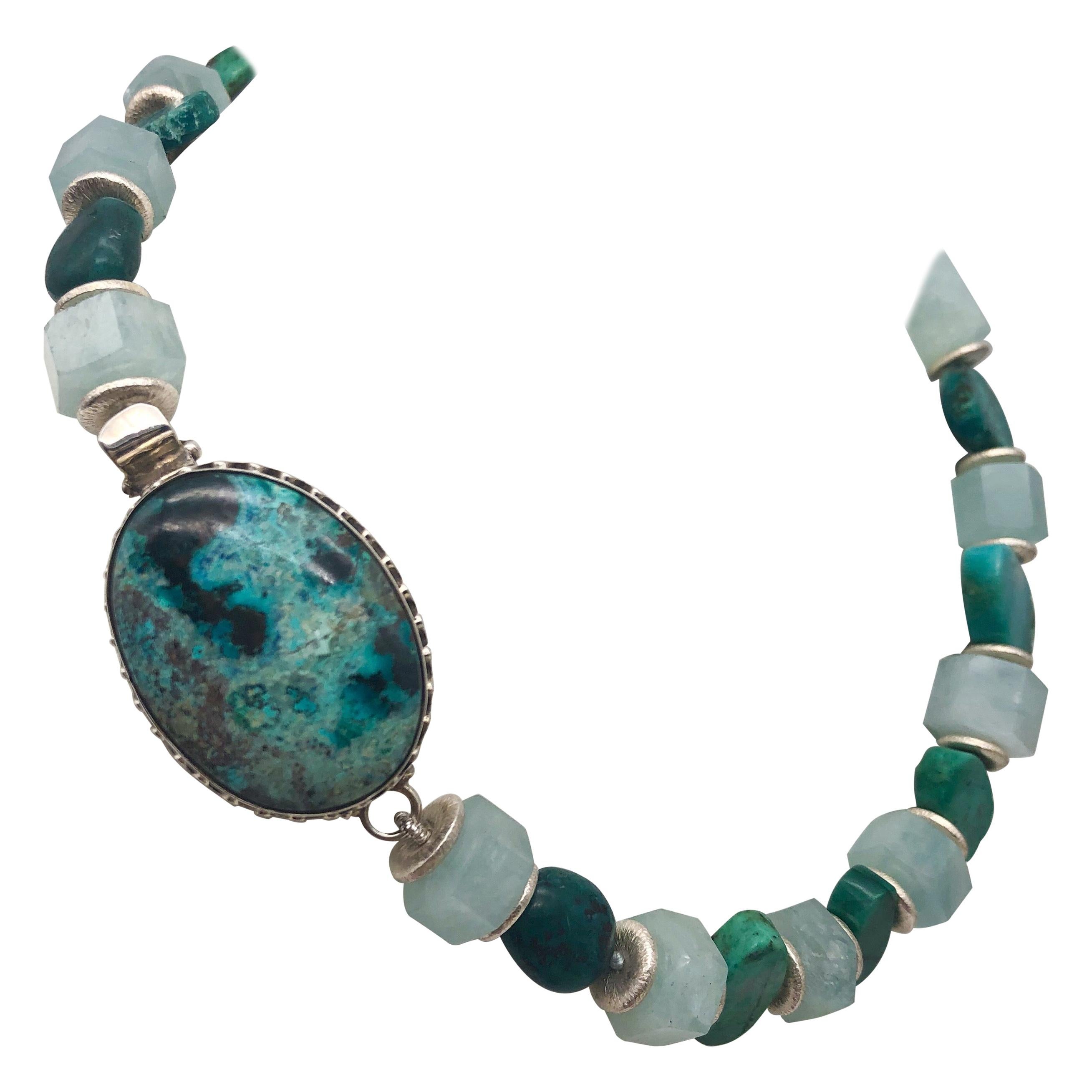 A.Jeschel Natural Chrysocolla and Aquamarine Stylish Necklace