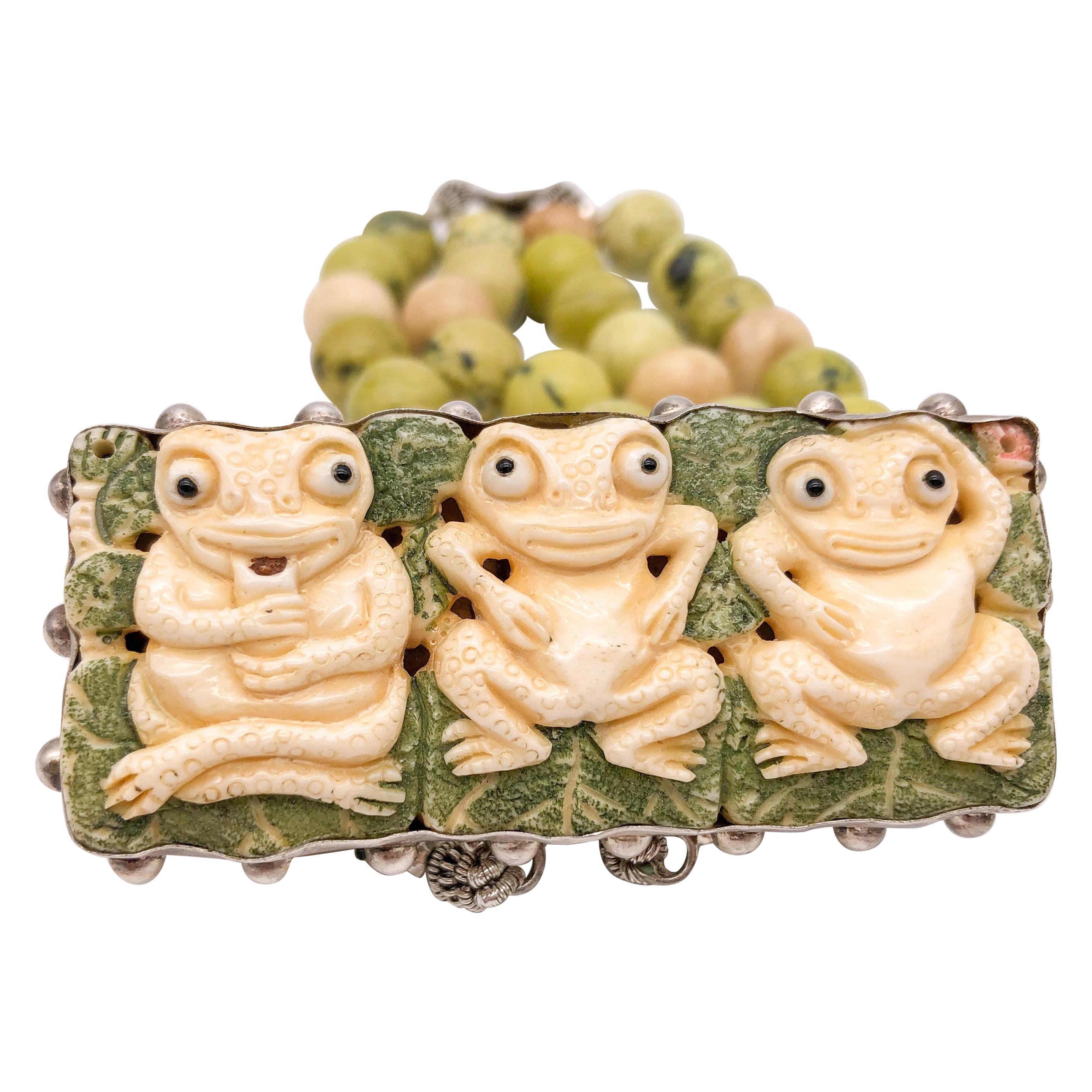A.Jeschel Olive Jade carved frog clasp bracelet .
