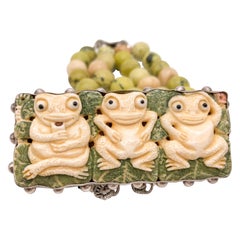 A.Jeschel Olive Jade carved frog clasp bracelet .