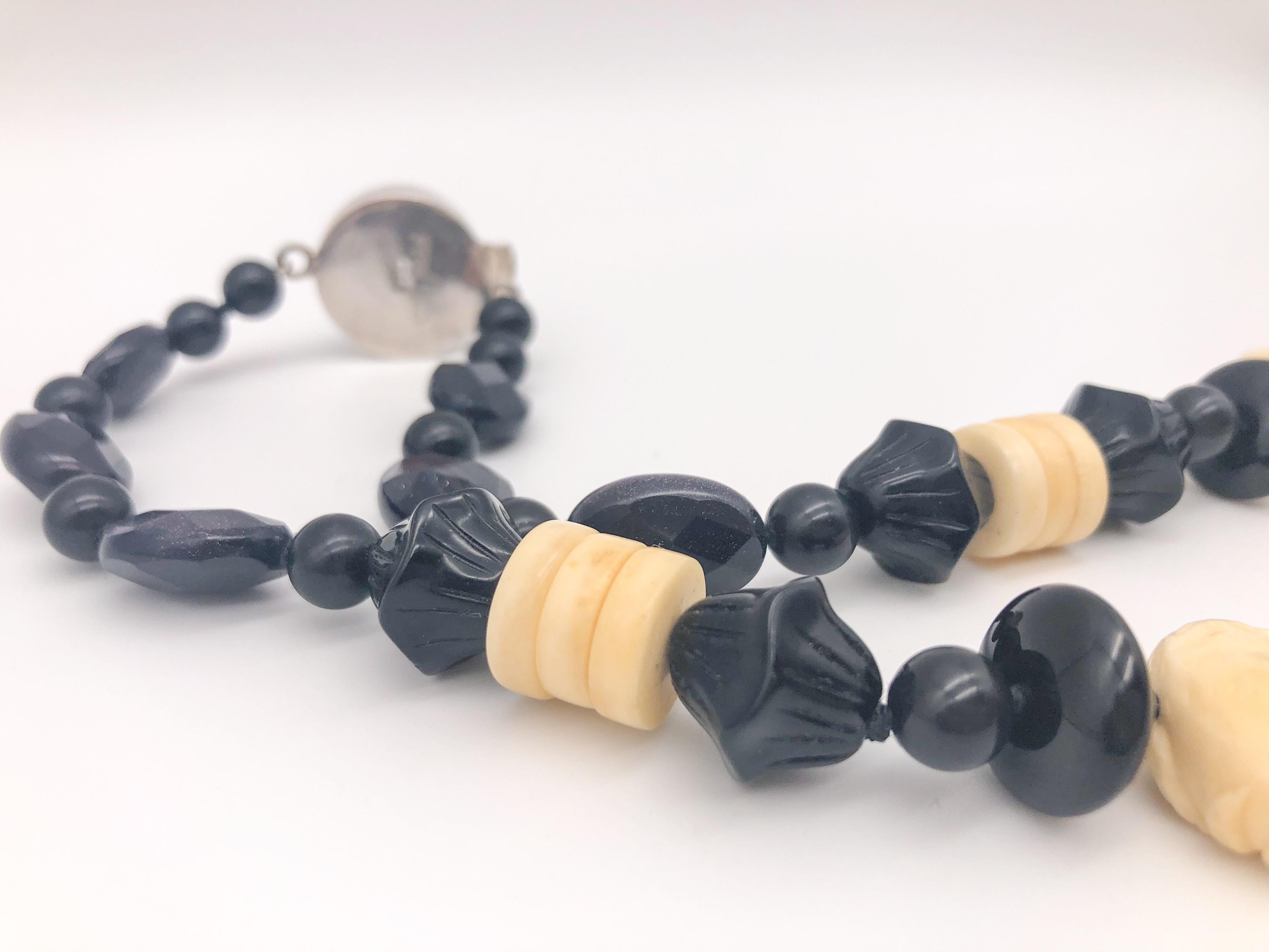 Mixed Cut A.Jeschel Onyx and Carved Bone Chinese zodiac necklace