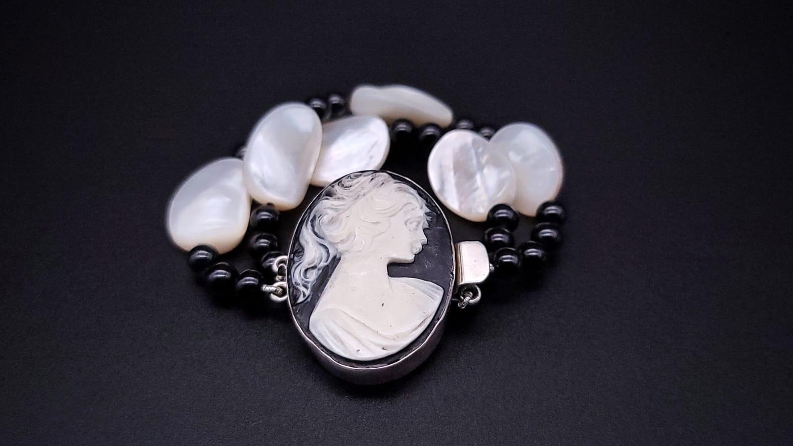 A.Jeschel Statement onyx bracelet with a carved Cameo clasp . For Sale 2
