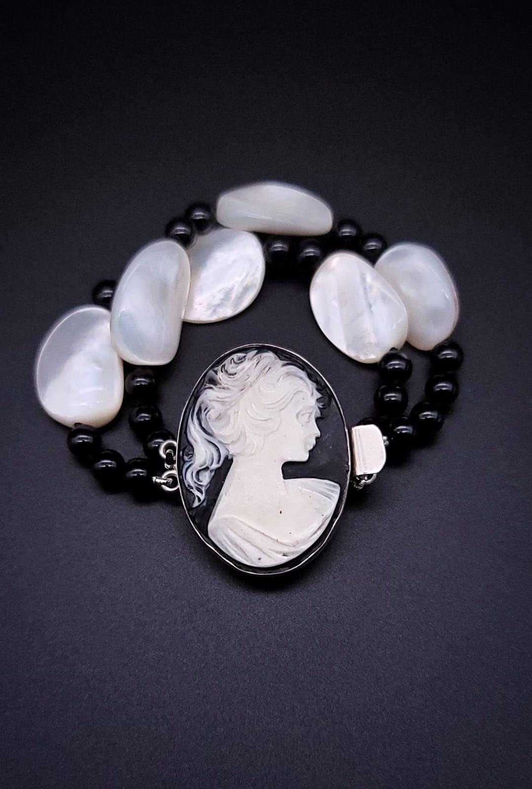 Contemporary A.Jeschel Statement onyx bracelet with a carved Cameo clasp . For Sale