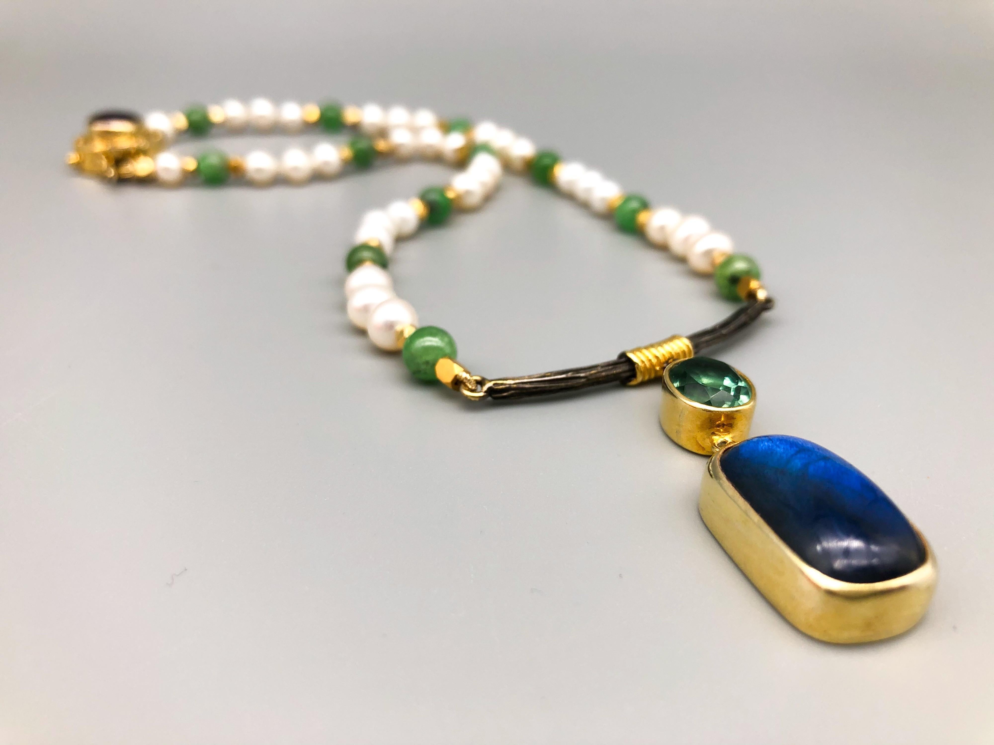 Contemporary A.Jeschel Pendant Necklace with Pearls and Emerald beads is dreamy. For Sale