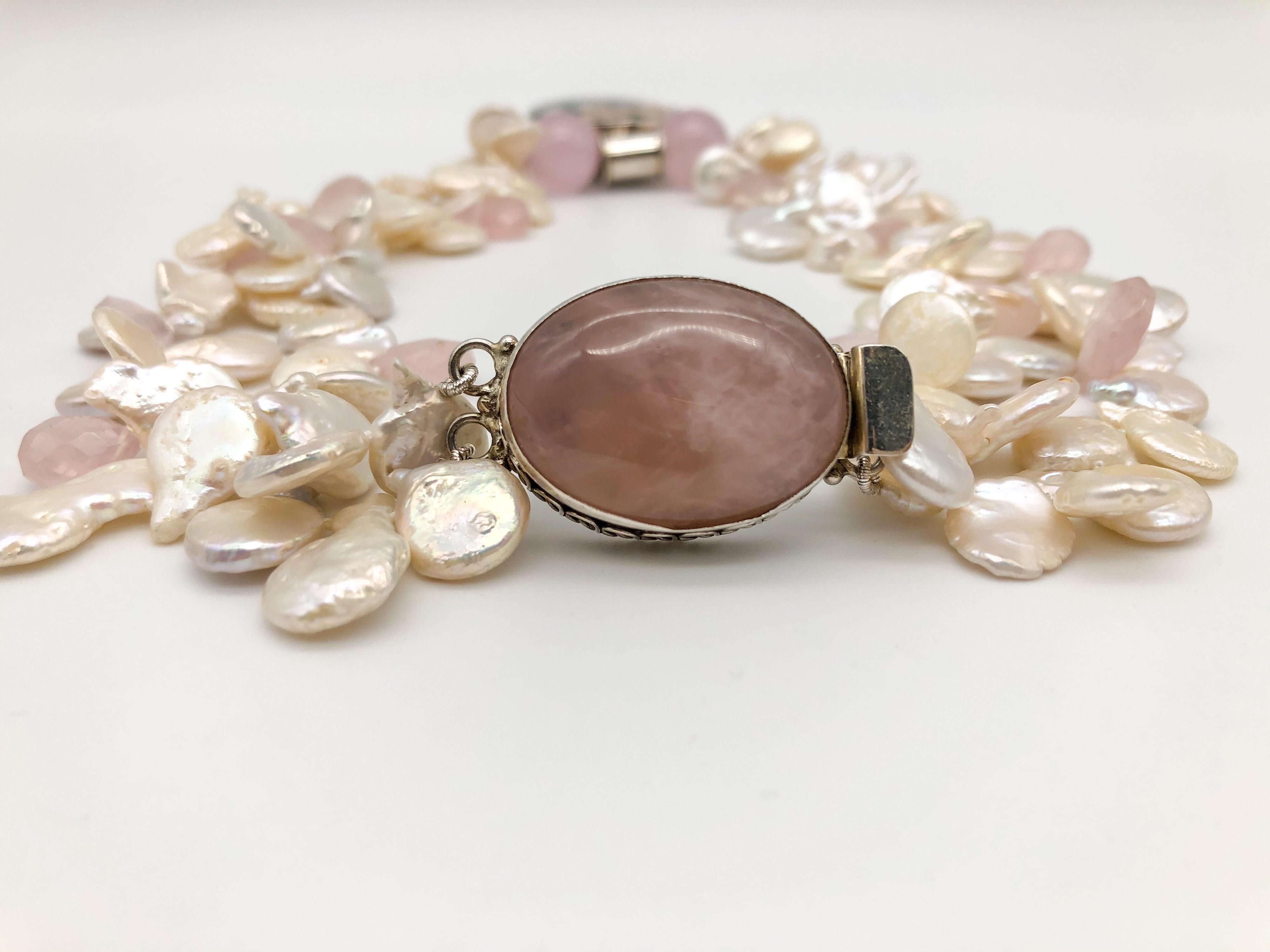 A.Jeschel Pink Ocean Jasper pendant suspended from a pearl and Rose Quartz  For Sale 4