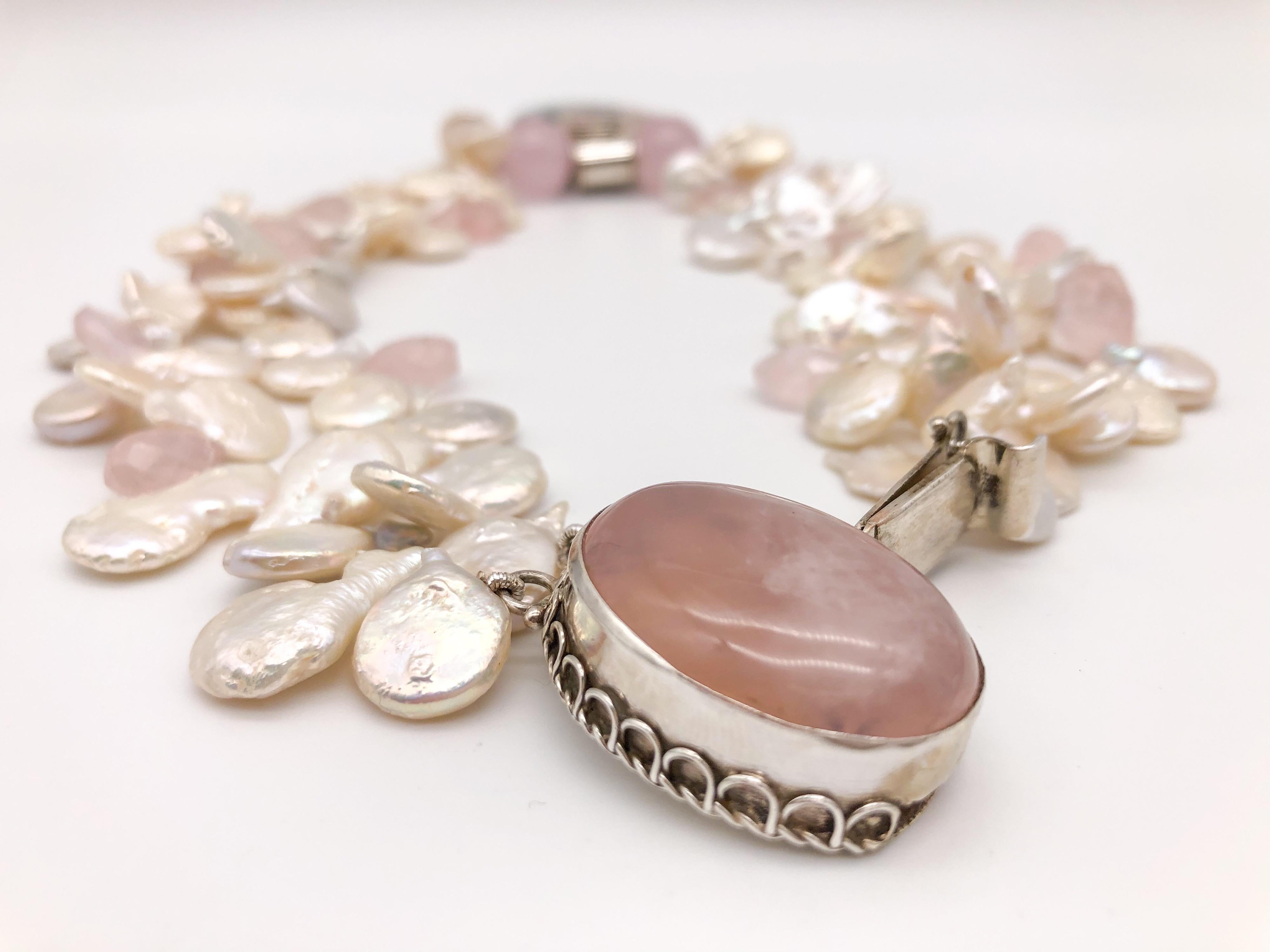 A.Jeschel Pink Ocean Jasper pendant suspended from a pearl and Rose Quartz  For Sale 5