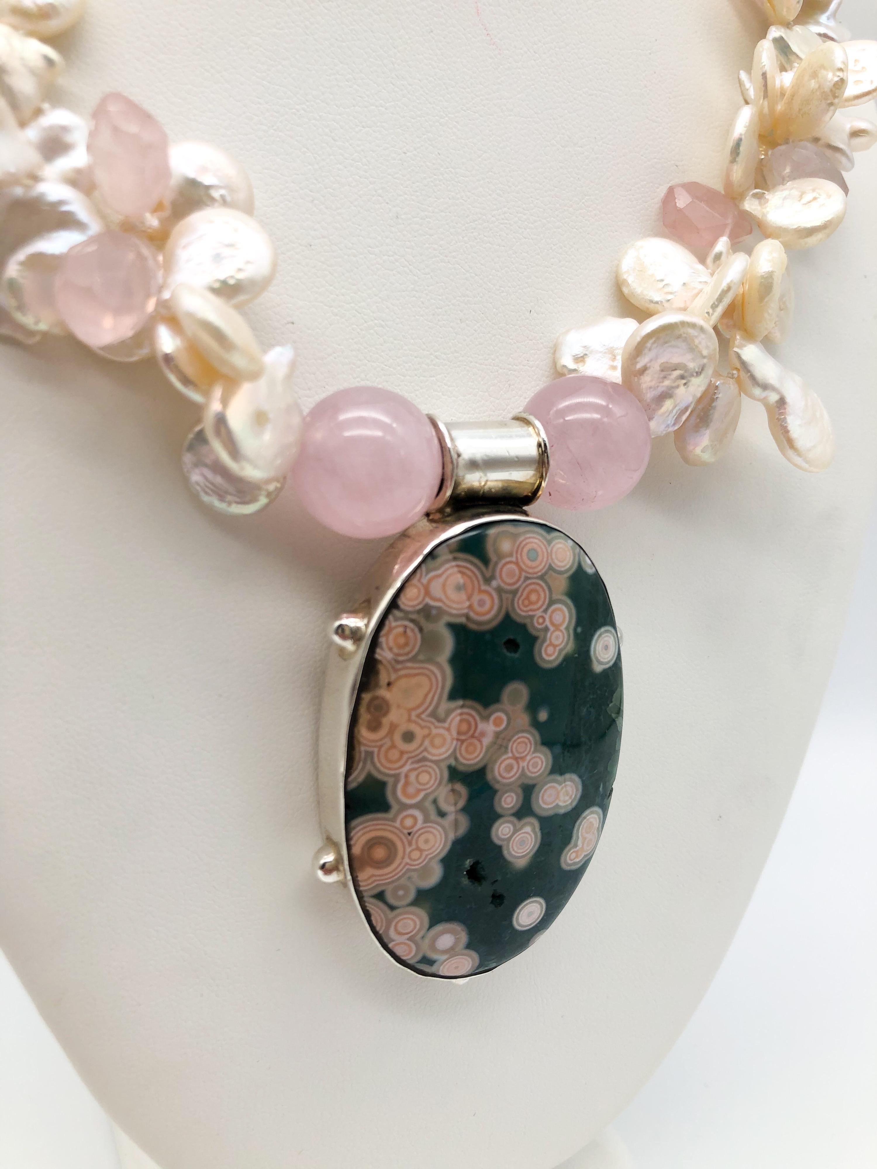A.Jeschel Pink Ocean Jasper pendant suspended from a pearl and Rose Quartz  In New Condition For Sale In Miami, FL