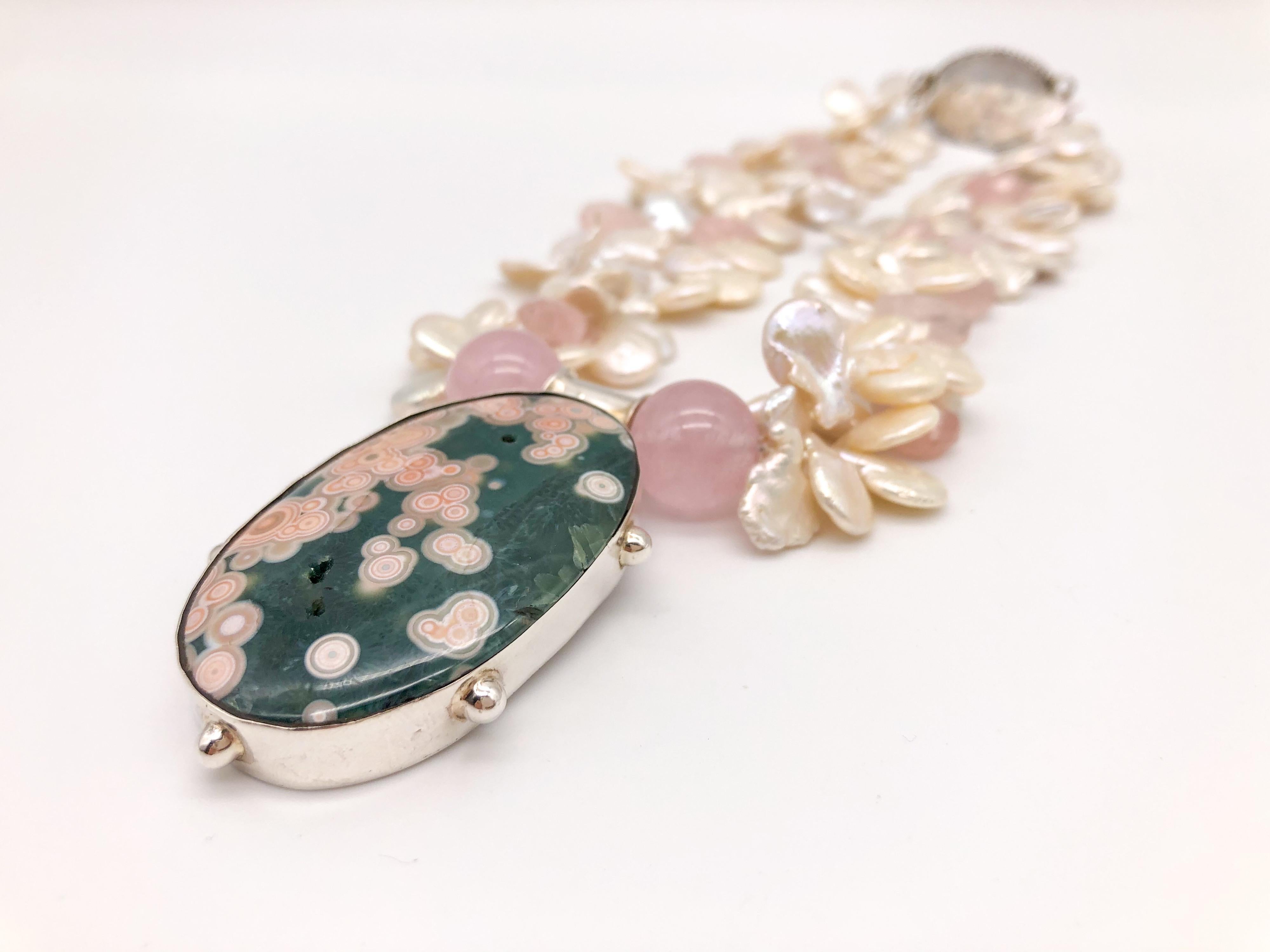 Women's A.Jeschel Pink Ocean Jasper pendant suspended from a pearl and Rose Quartz  For Sale