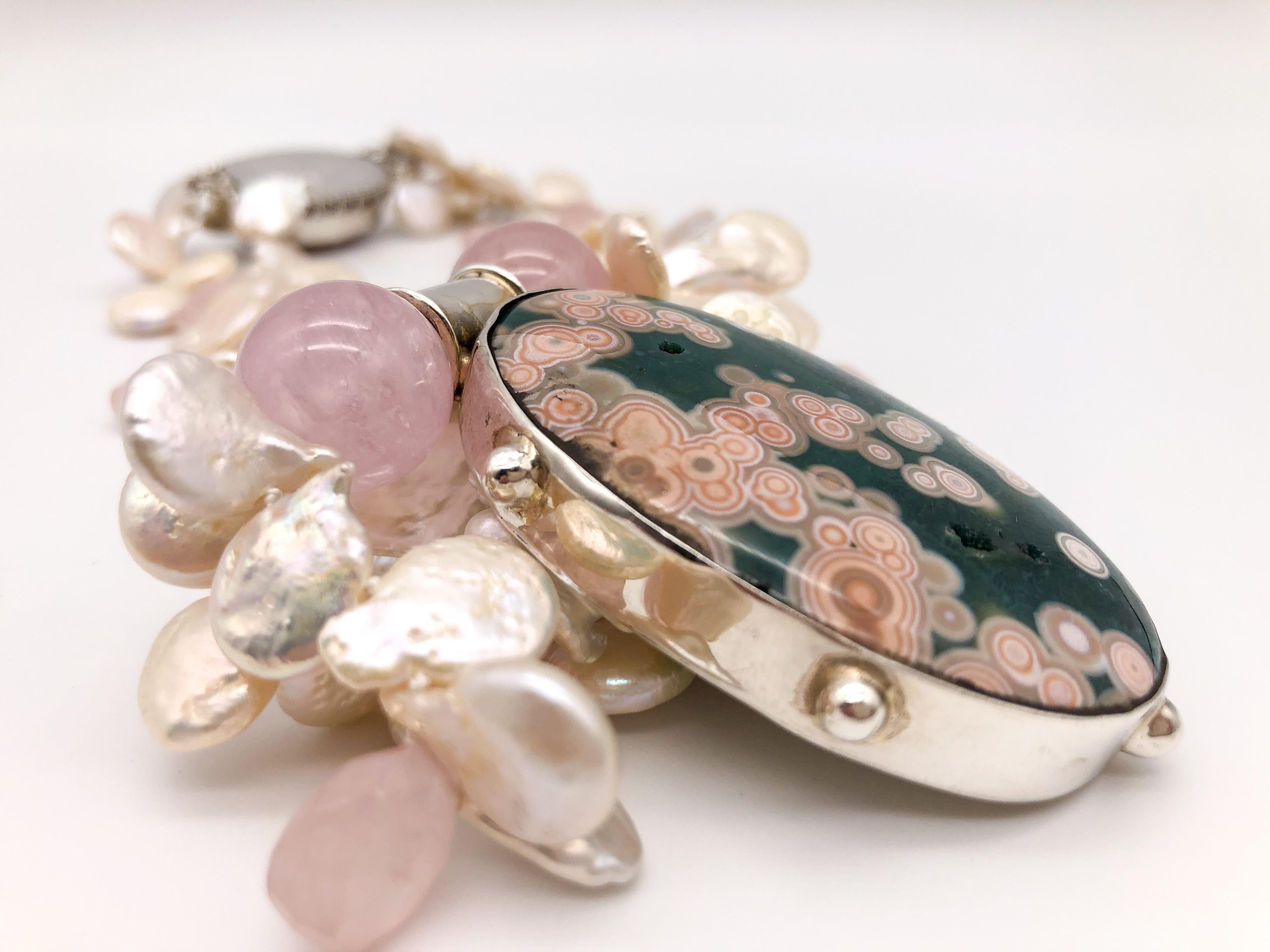 A.Jeschel Pink Ocean Jasper pendant suspended from a pearl and Rose Quartz  For Sale 1
