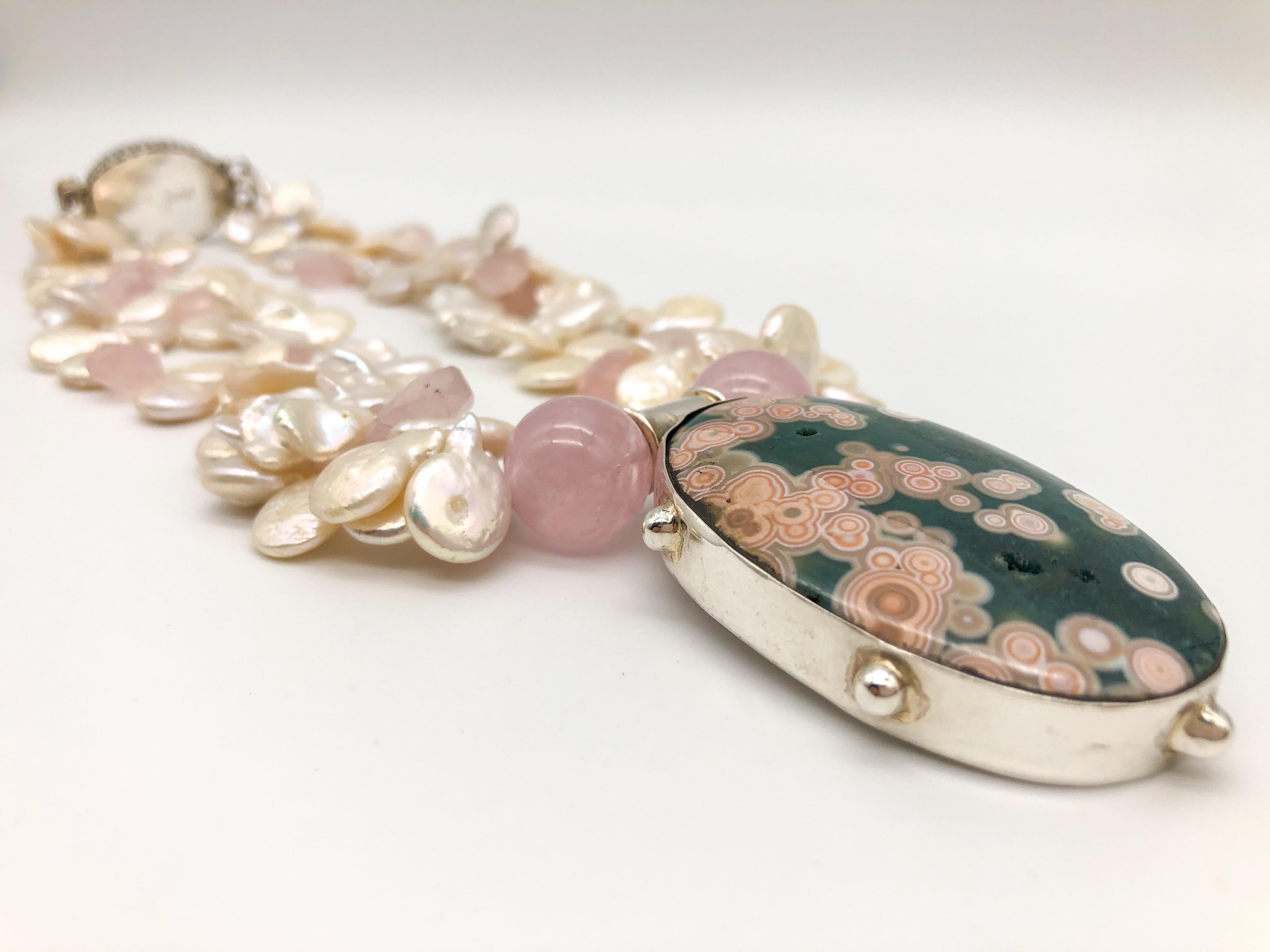A.Jeschel Pink Ocean Jasper pendant suspended from a pearl and Rose Quartz  For Sale 3
