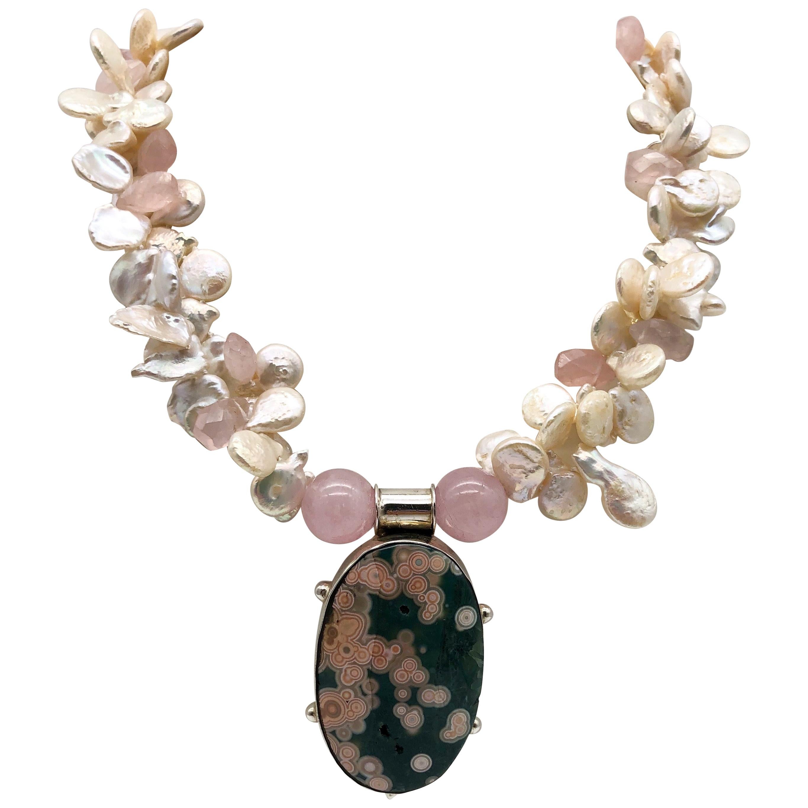 A.Jeschel Pink Ocean Jasper pendant suspended from a pearl and Rose Quartz 