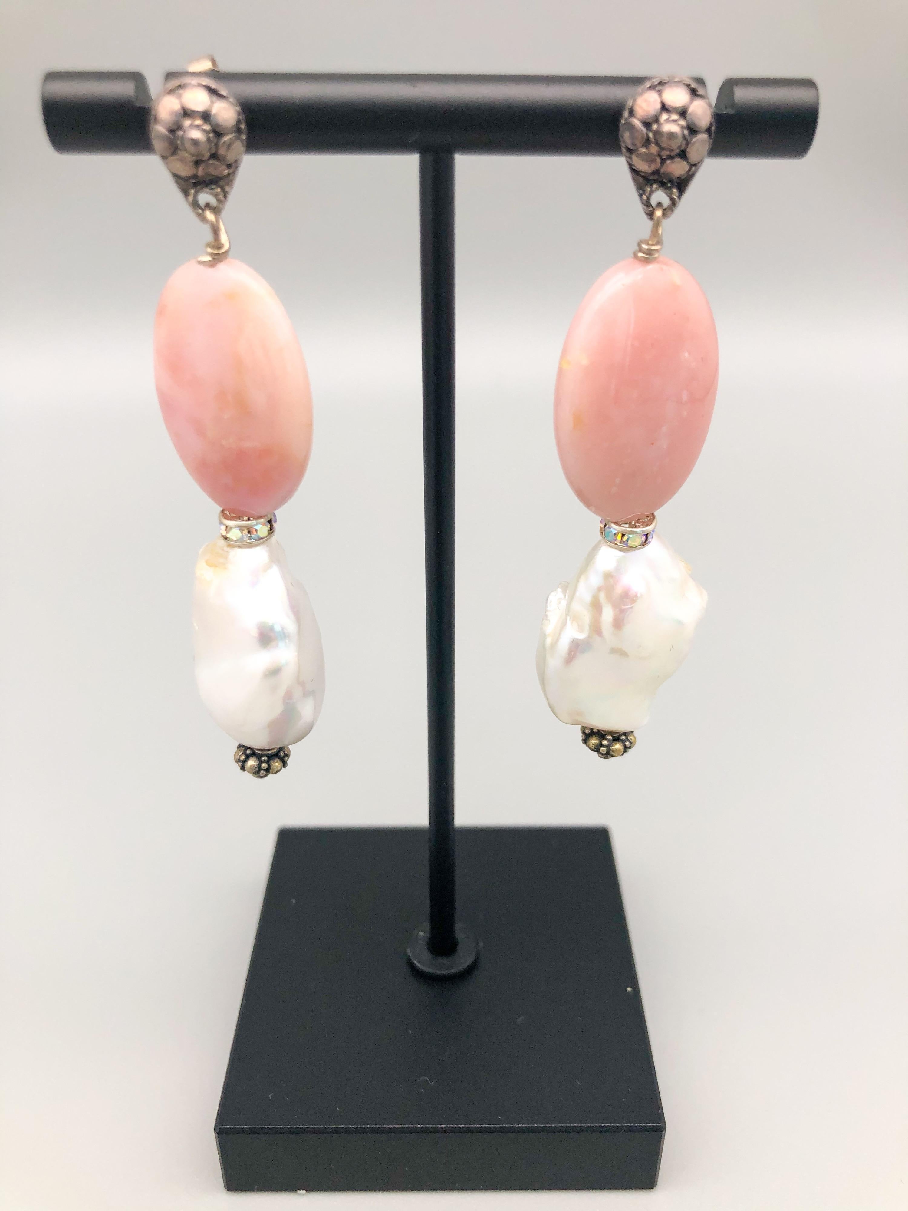 Contemporary A.Jeschel Pink Opal and Baroque Pearl drop earrings. For Sale