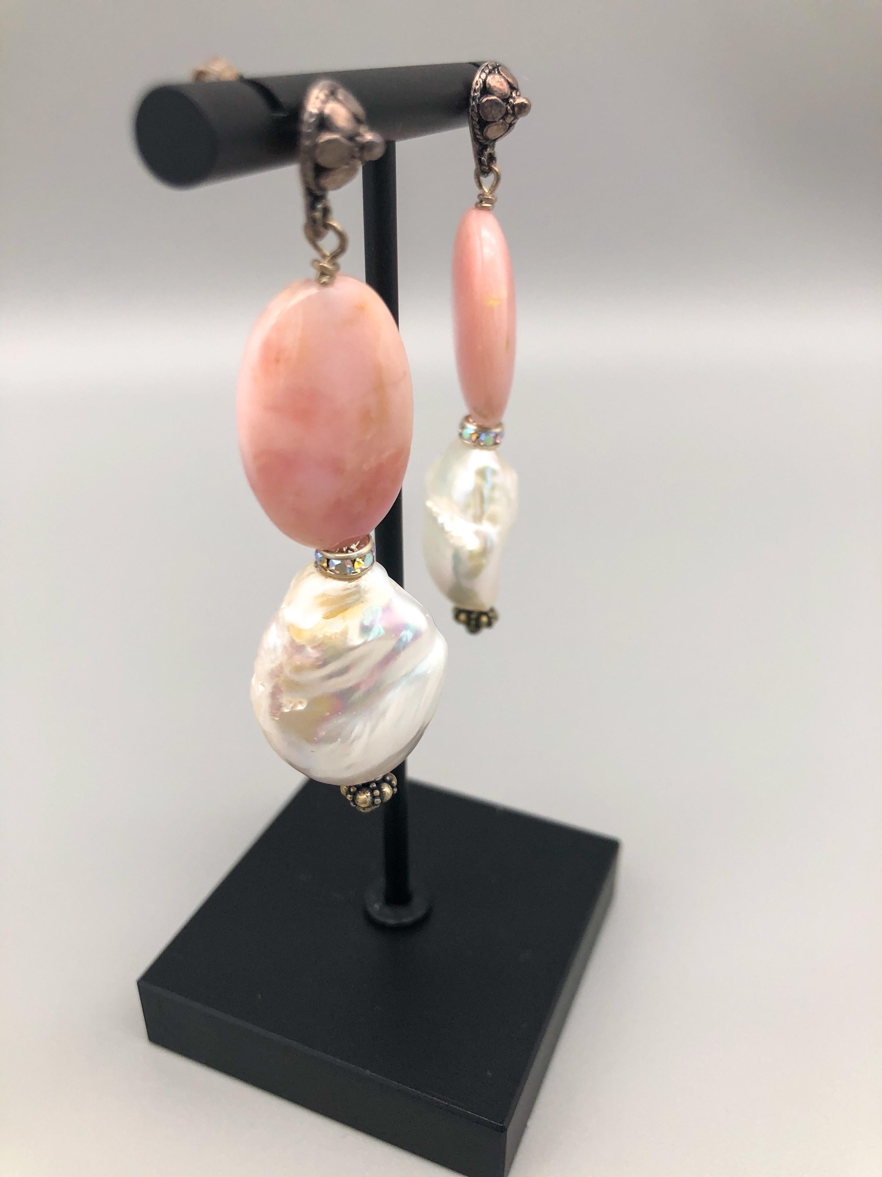 Mixed Cut A.Jeschel Pink Opal and Baroque Pearl drop earrings. For Sale