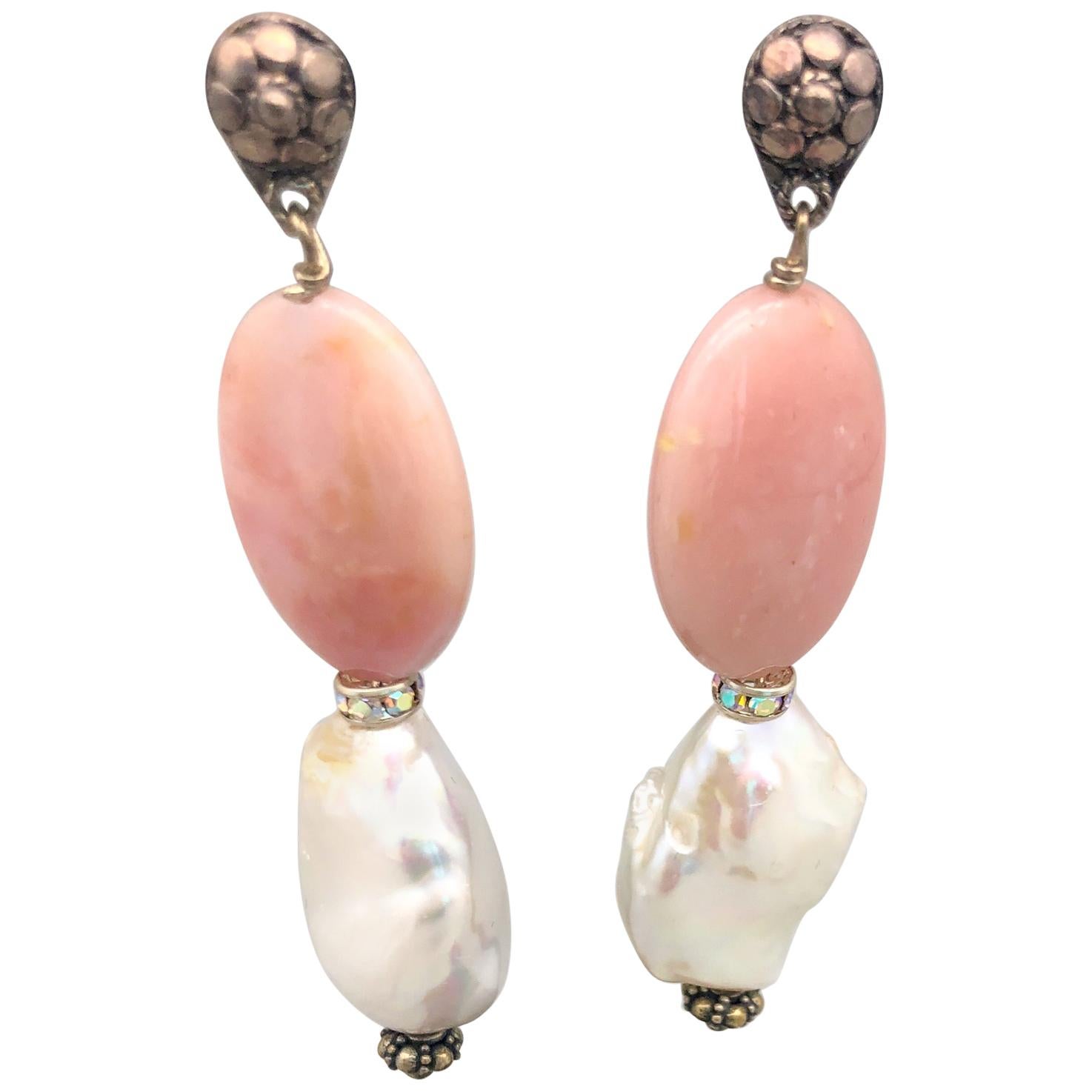 A.Jeschel Pink Opal and Baroque Pearl drop earrings. For Sale