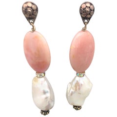 A.Jeschel Pink Opal and Baroque Pearl drop earrings.