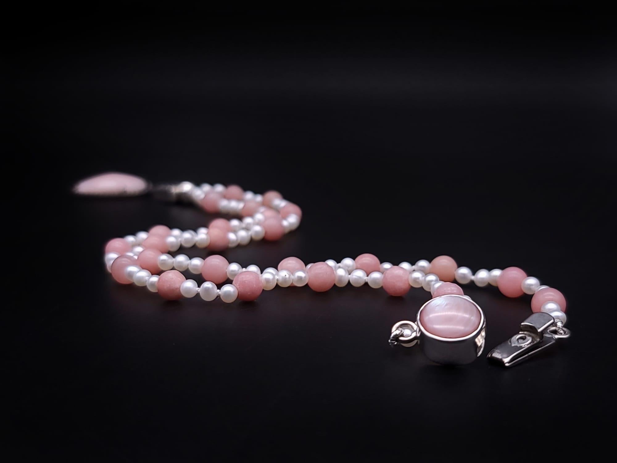 A.Jeschel Delicate Freswater Pearl and Pink opal Pendant necklace. For Sale 4