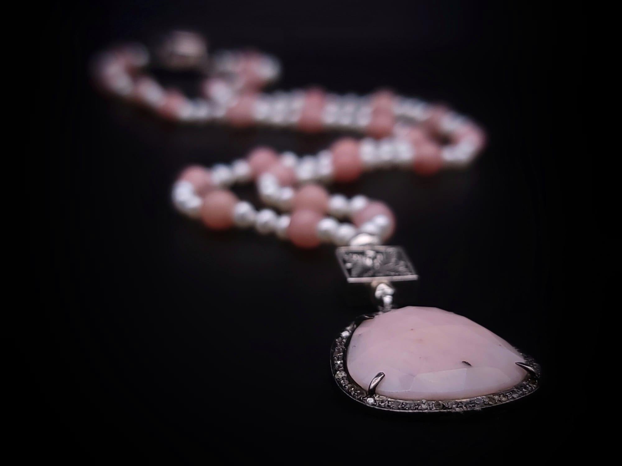 A.Jeschel Delicate Freswater Pearl and Pink opal Pendant necklace. For Sale 5