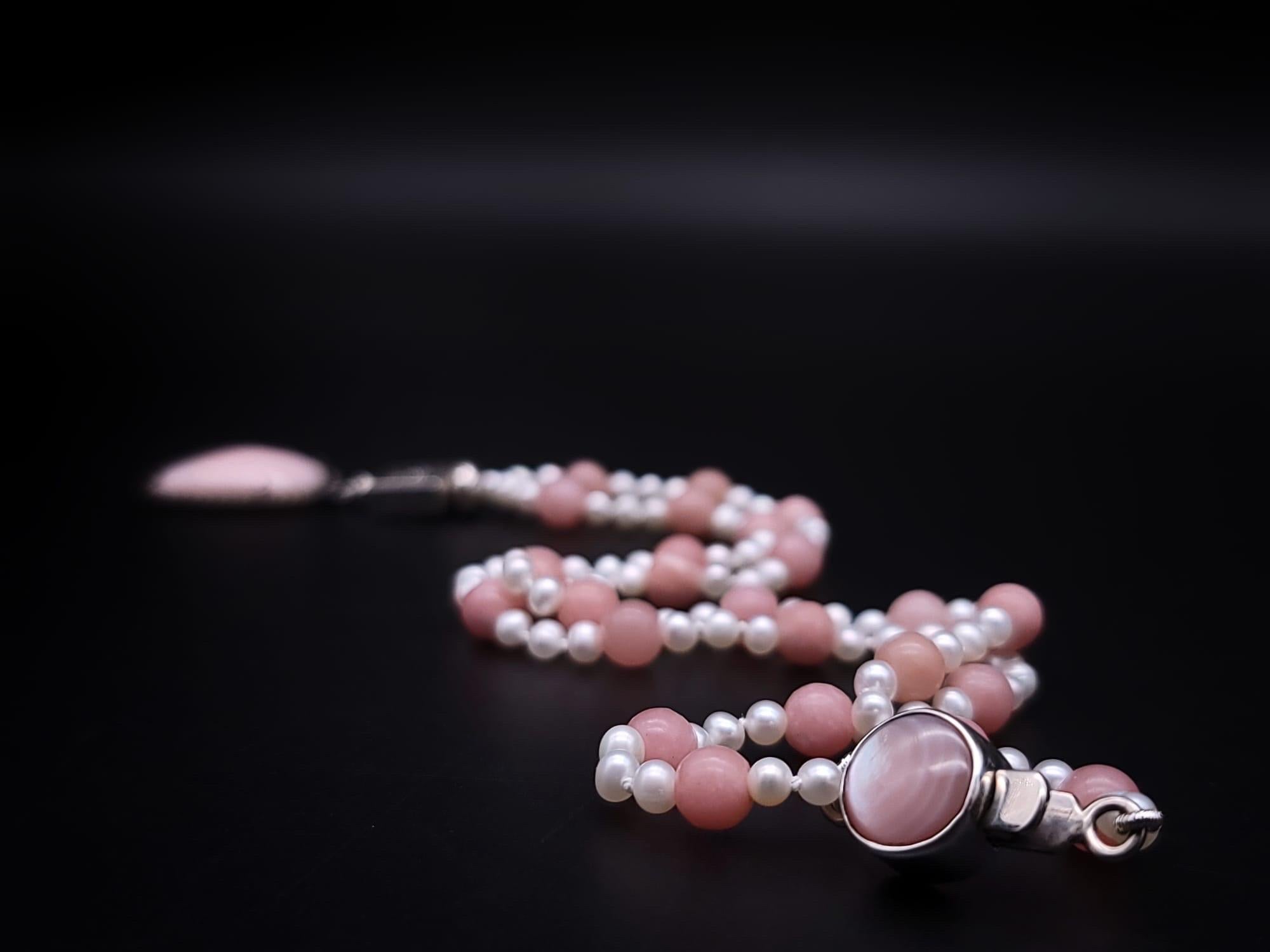 A.Jeschel Delicate Freswater Pearl and Pink opal Pendant necklace. For Sale 7