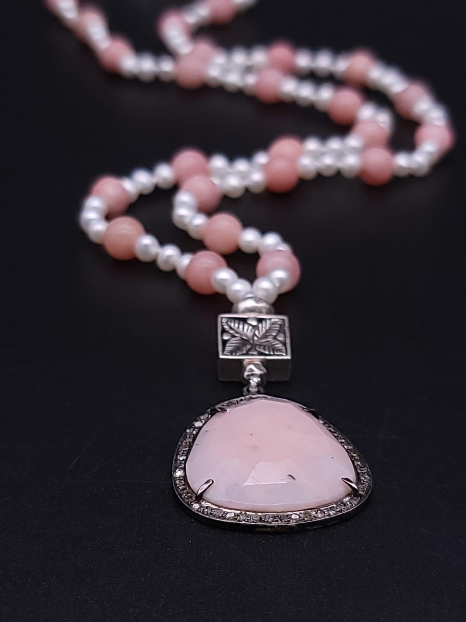 A.Jeschel Delicate Freswater Pearl and Pink opal Pendant necklace. For Sale 8