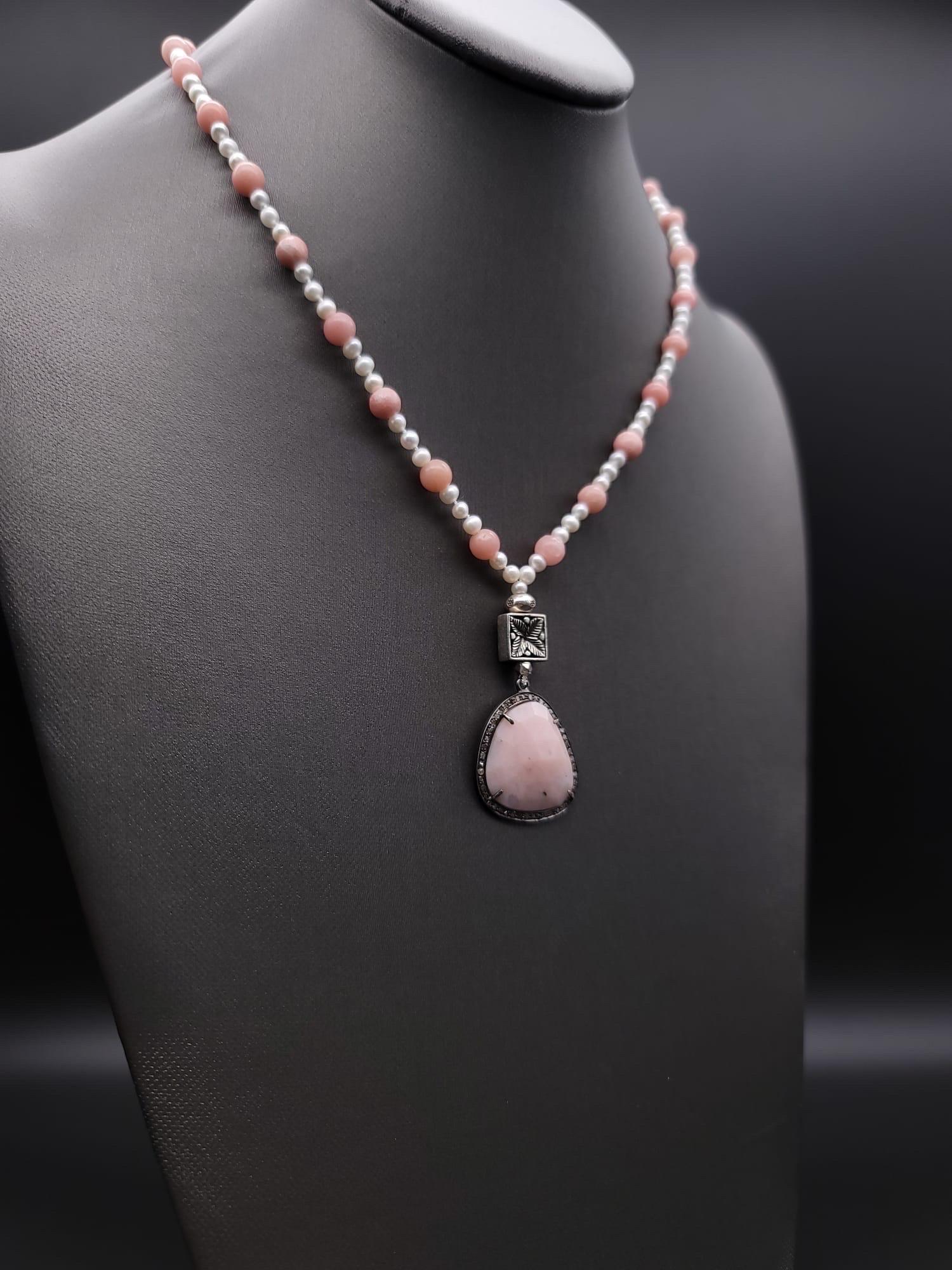 Bead A.Jeschel Delicate Freswater Pearl and Pink opal Pendant necklace. For Sale