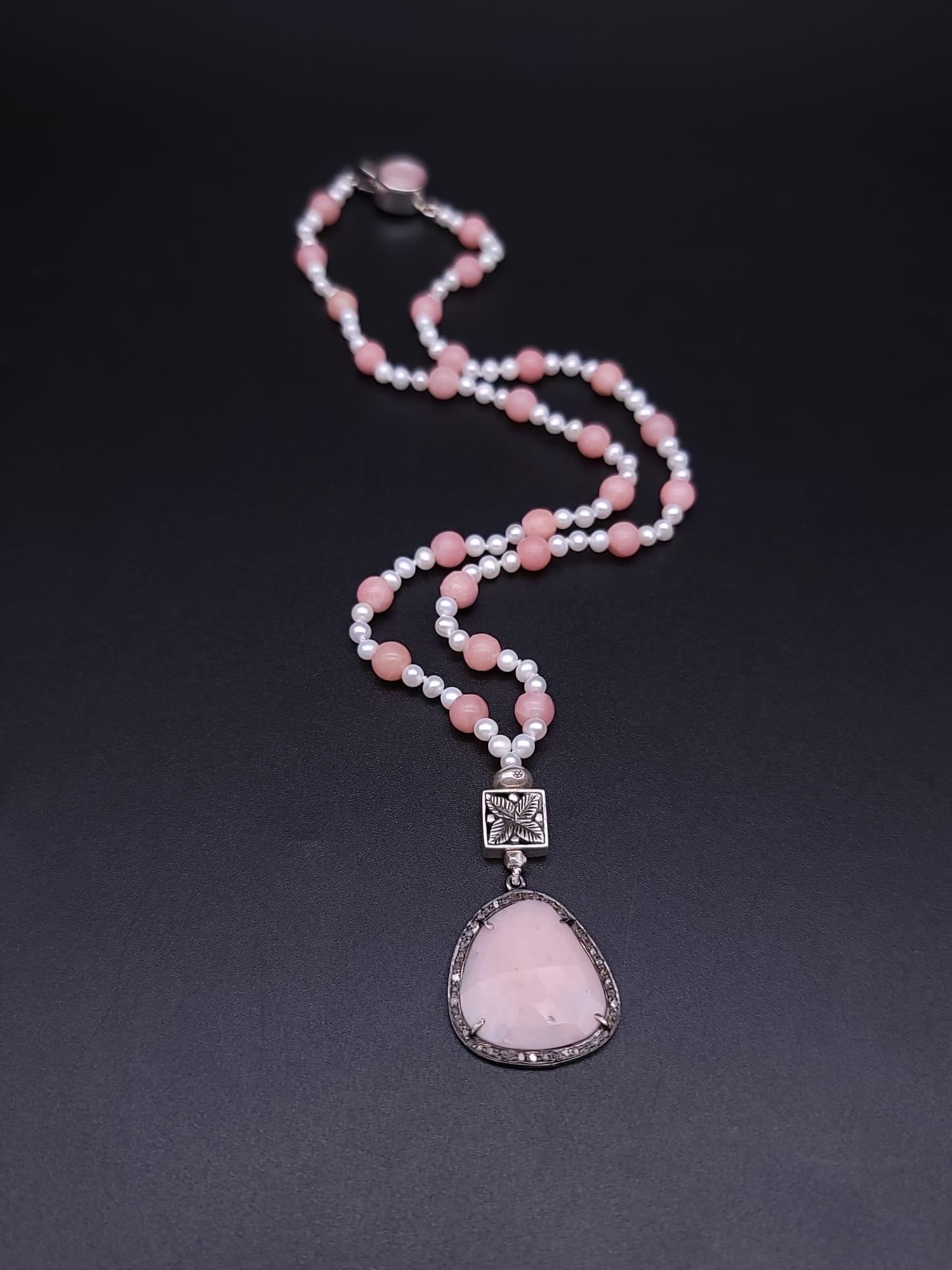 A.Jeschel Delicate Freswater Pearl and Pink opal Pendant necklace. In New Condition For Sale In Miami, FL