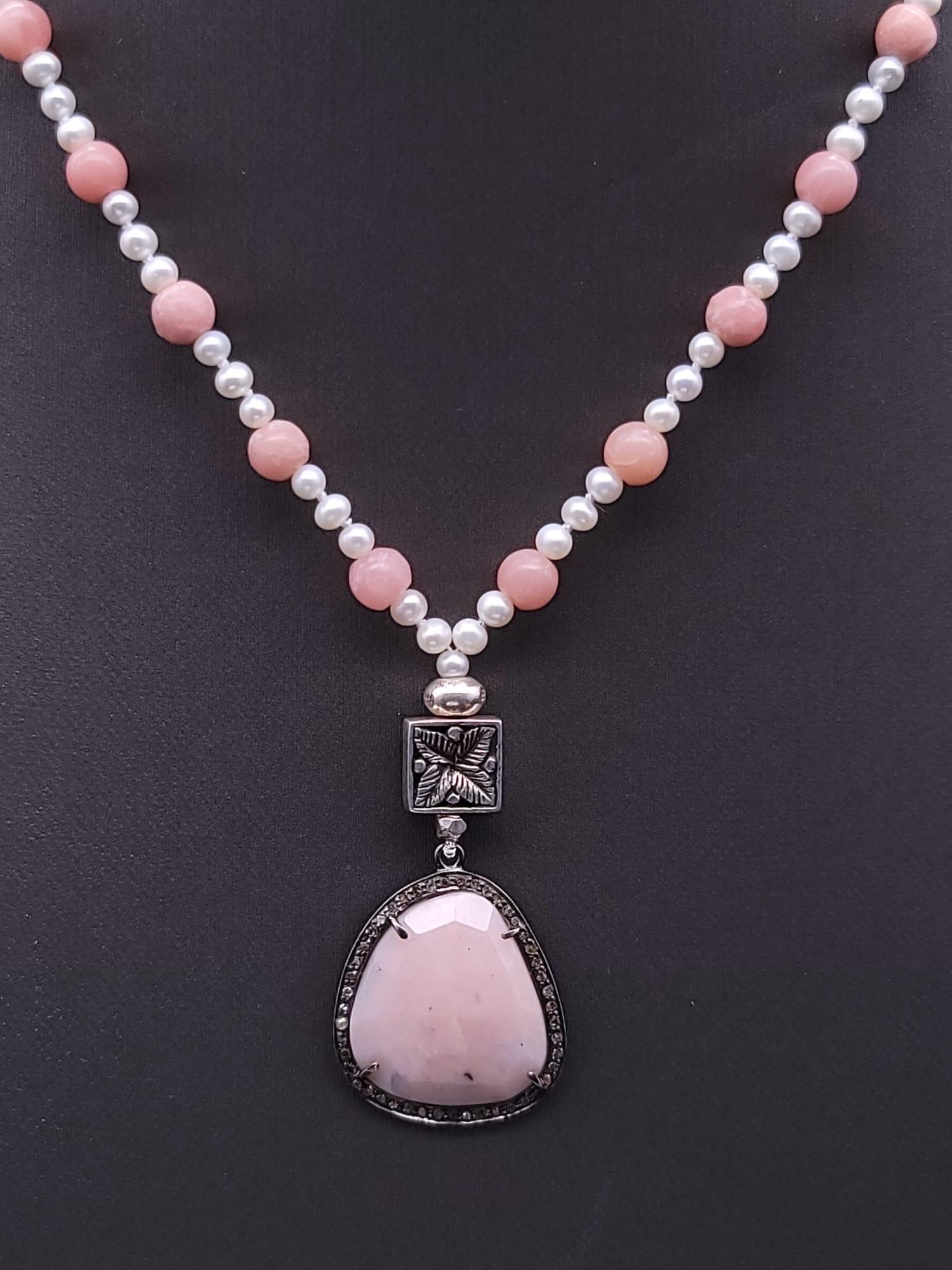 A.Jeschel Delicate Freswater Pearl and Pink opal Pendant necklace. For Sale 1