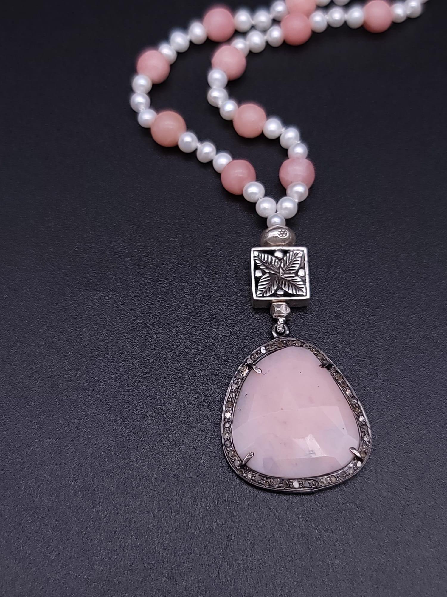 A.Jeschel Delicate Freswater Pearl and Pink opal Pendant necklace. For Sale 2