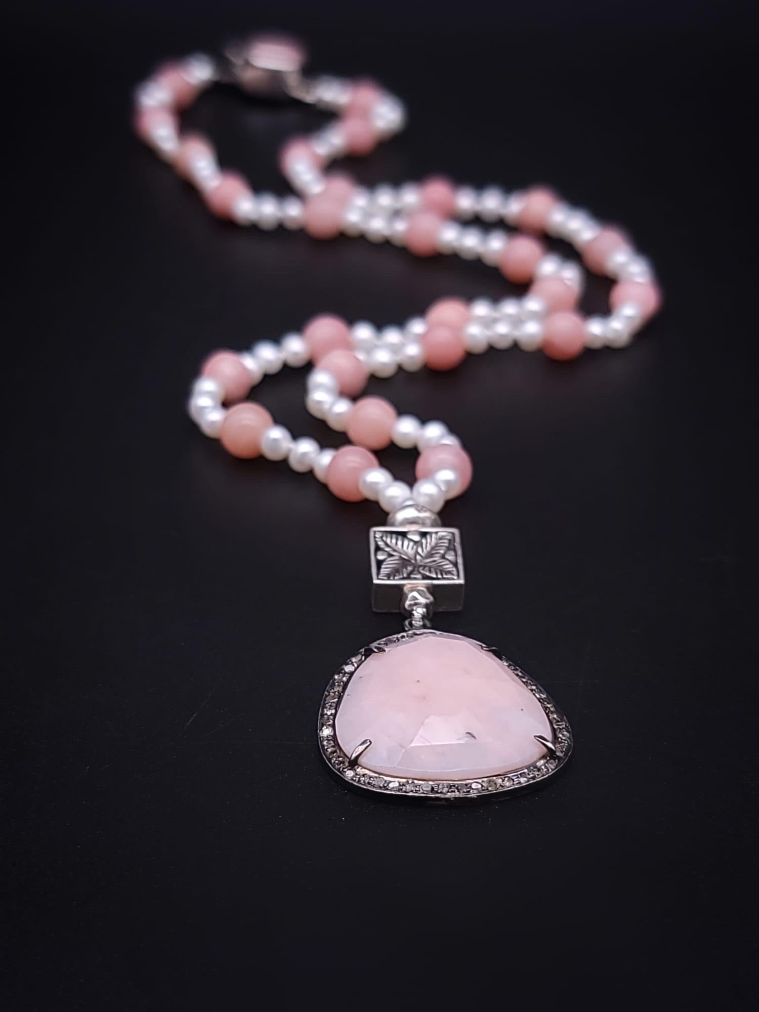 A.Jeschel Delicate Freswater Pearl and Pink opal Pendant necklace. For Sale 3