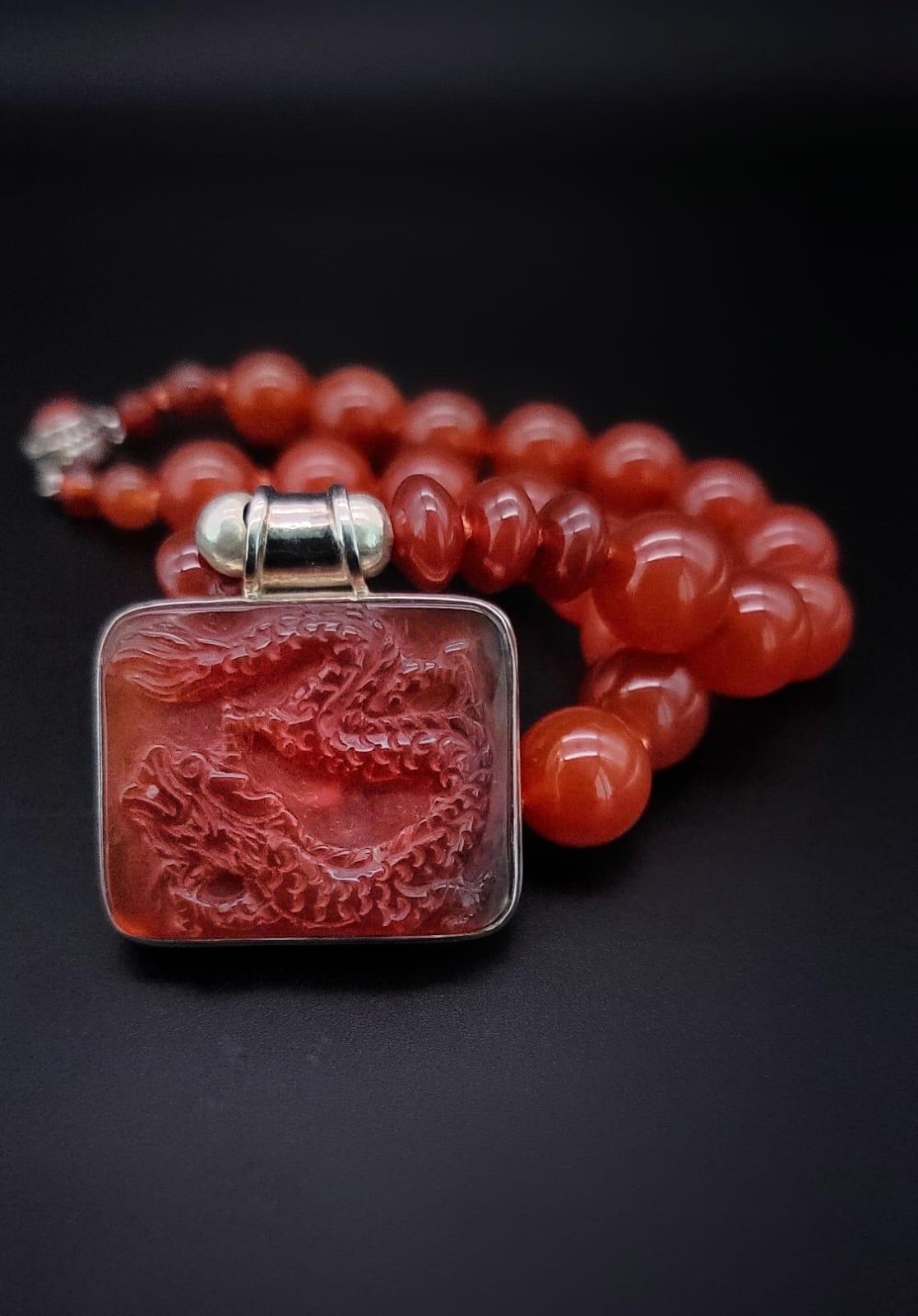 A.Jeschel Powerful Carnelian necklace with a Dragon pendant. For Sale 5
