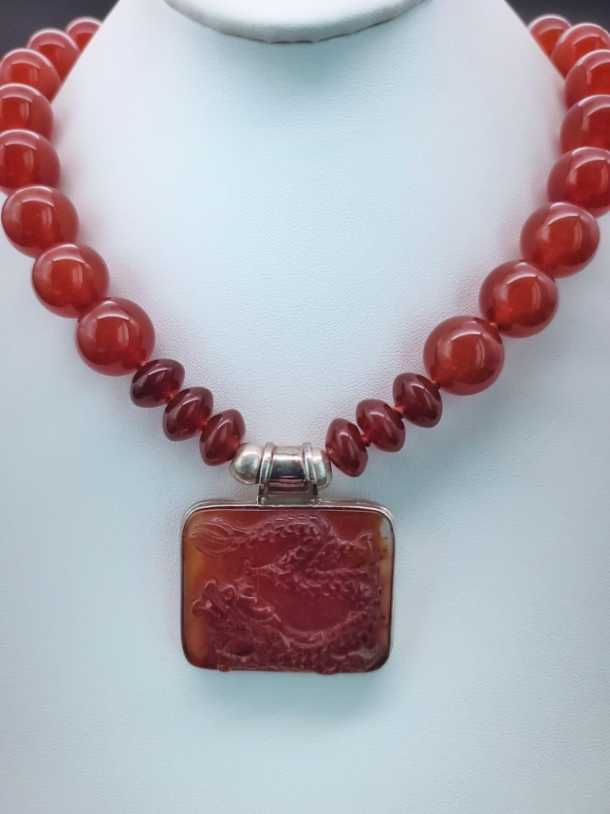 A.Jeschel Powerful Carnelian necklace with a Dragon pendant. In New Condition For Sale In Miami, FL