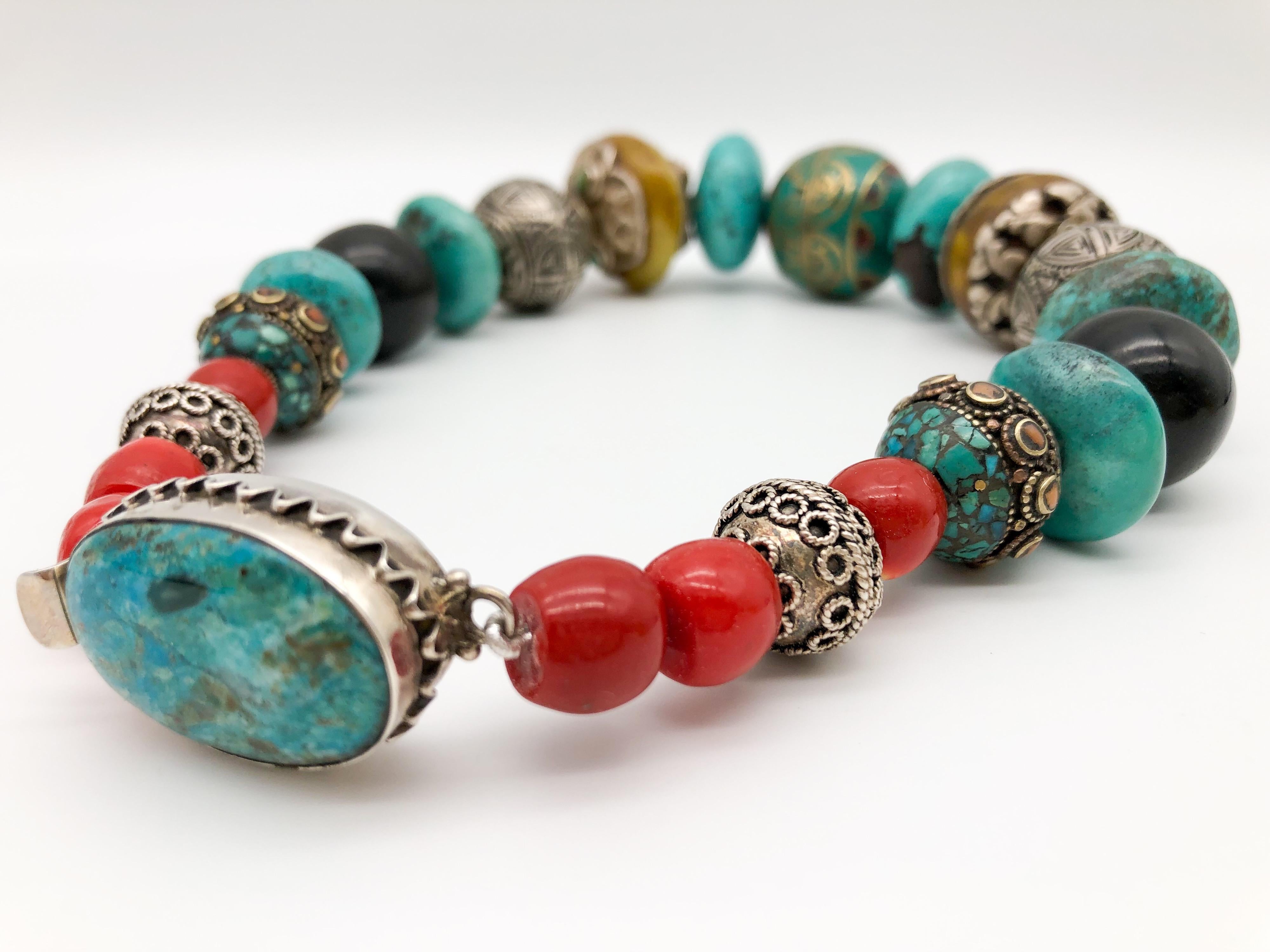 A.Jeschel Powerful Turquoise necklace with a large center bead of Tibetan.  In New Condition In Miami, FL