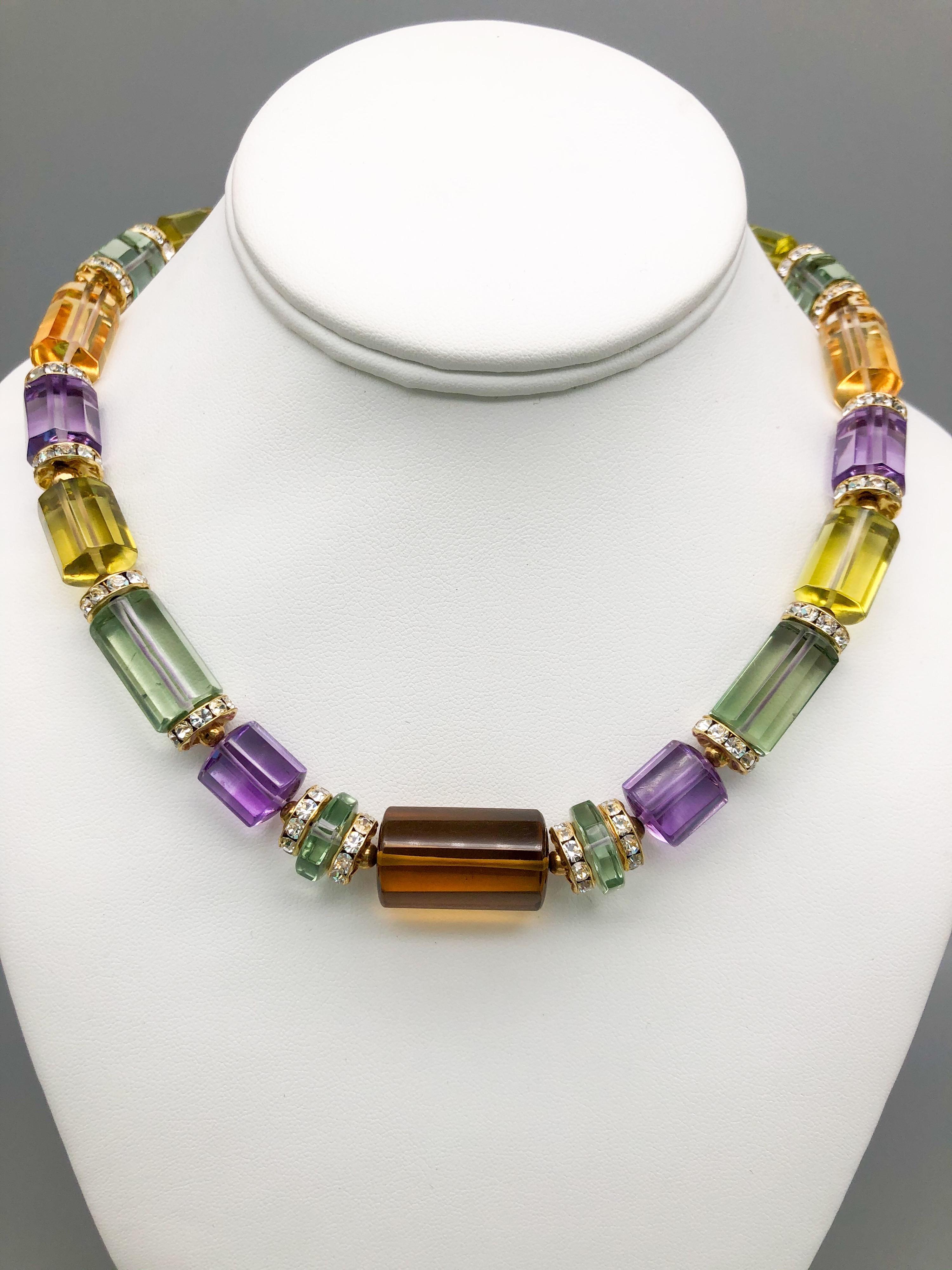 
One-of-a-Kind
Precious stone rainbow necklace.
Smoky Quartz, Purple Amethyst, Green Amethyst, Citrine are combined in this elegant necklace in matching cylindrical cuts separated elegant slim rondels for just a touch of sparkle with the surprise of