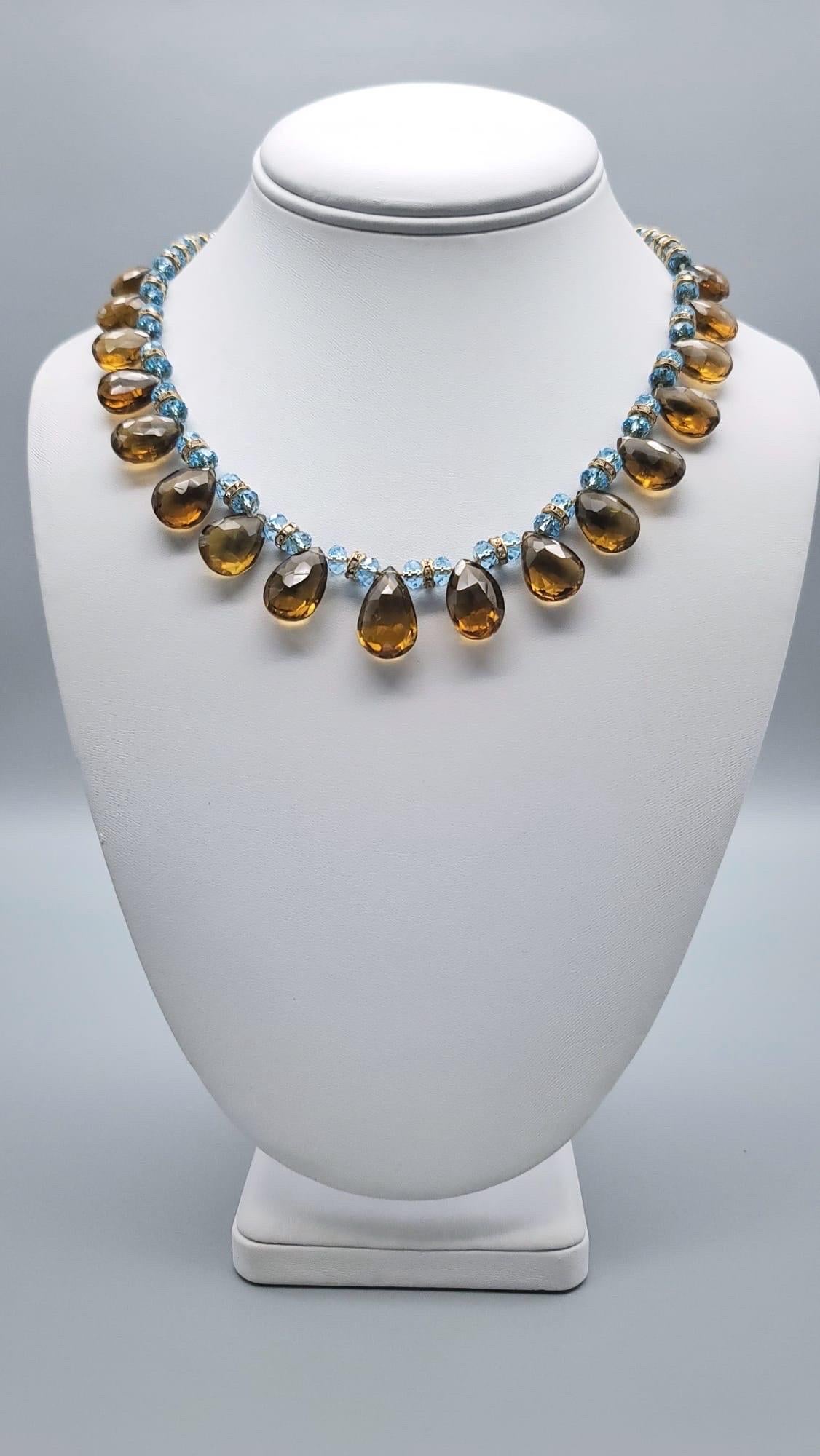 One-of-a-Kind

A unique and beautiful cut of Whiskey Quartz necklace.
 Quartz cognac faceted drops separated by small faceted blue Topaz spacers as well as vermeil and CZ roundels are combined in an unusually pleasing and flattering color