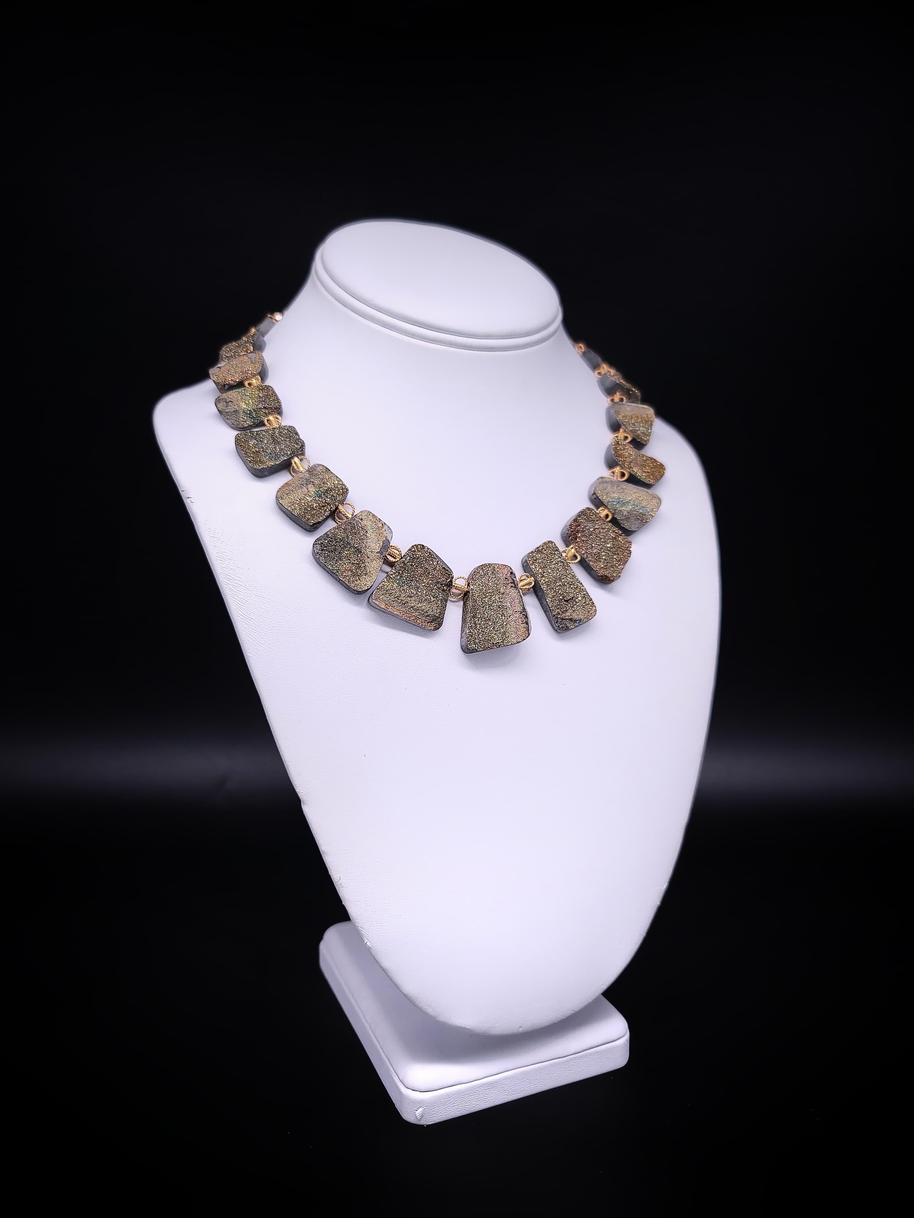 A.Jeschel Rainbow Druzy Pyrite plates necklace. For Sale 5