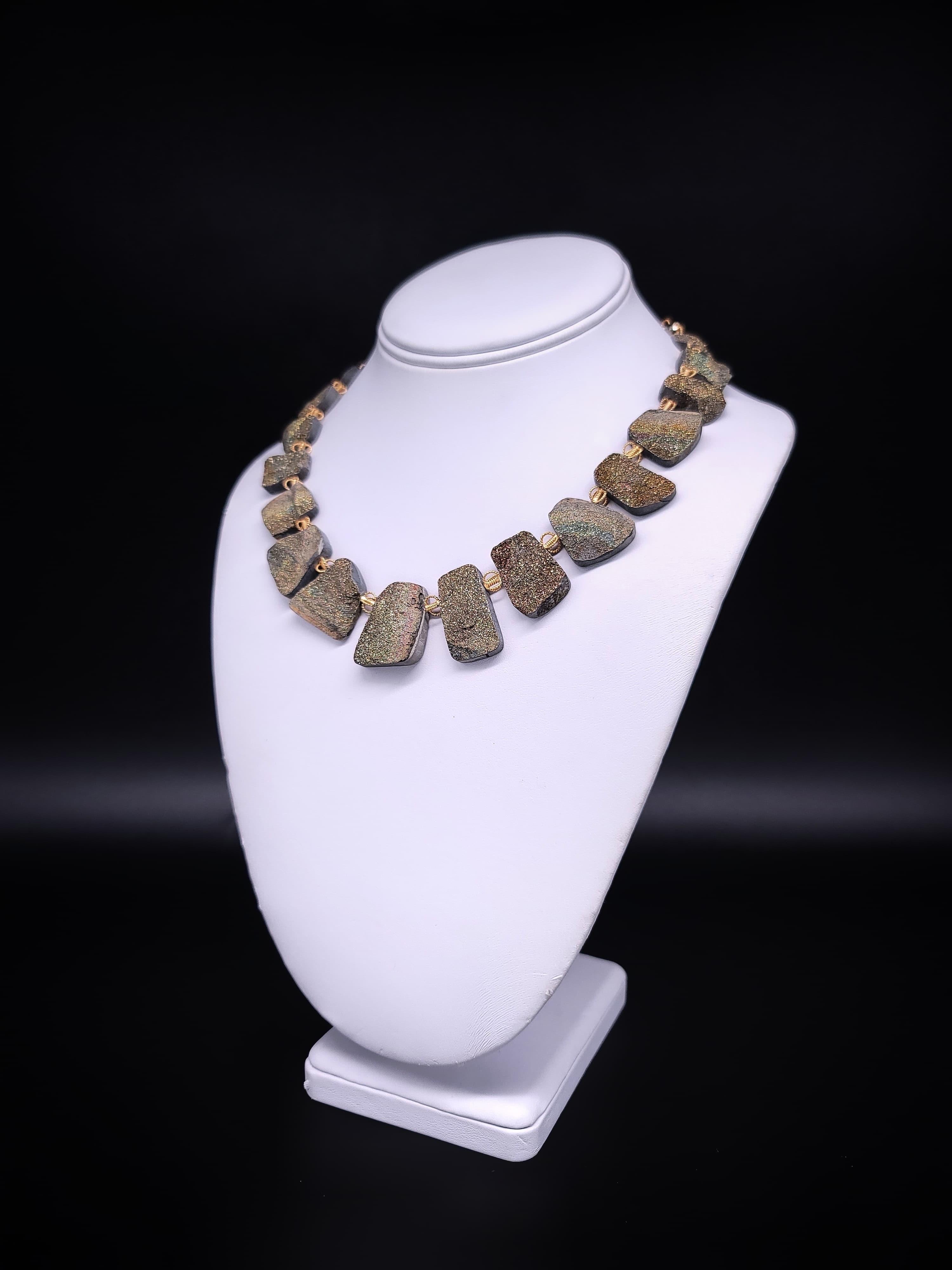 A.Jeschel Rainbow Druzy Pyrite plates necklace. For Sale 6
