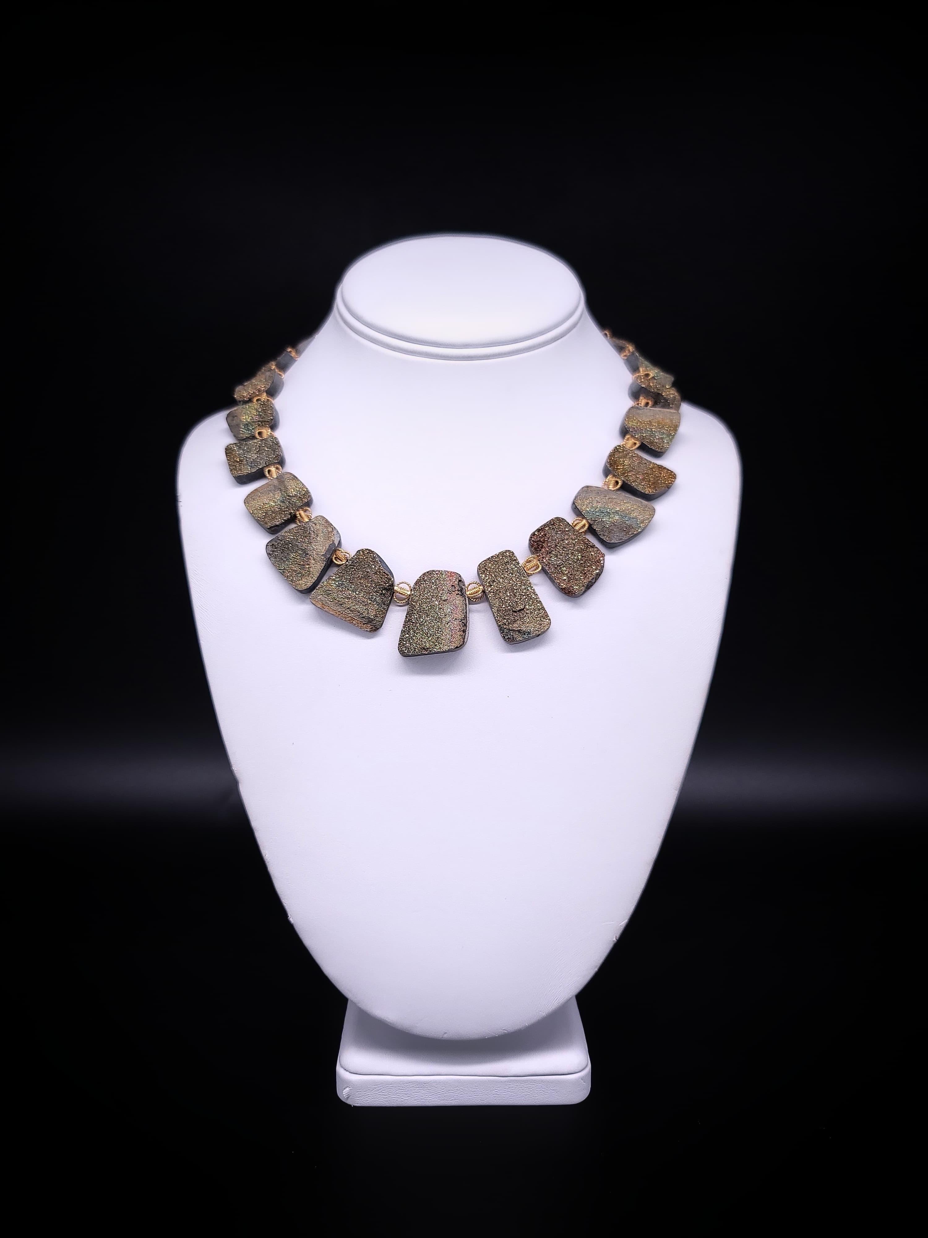 A.Jeschel Rainbow Druzy Pyrite plates necklace. For Sale 8