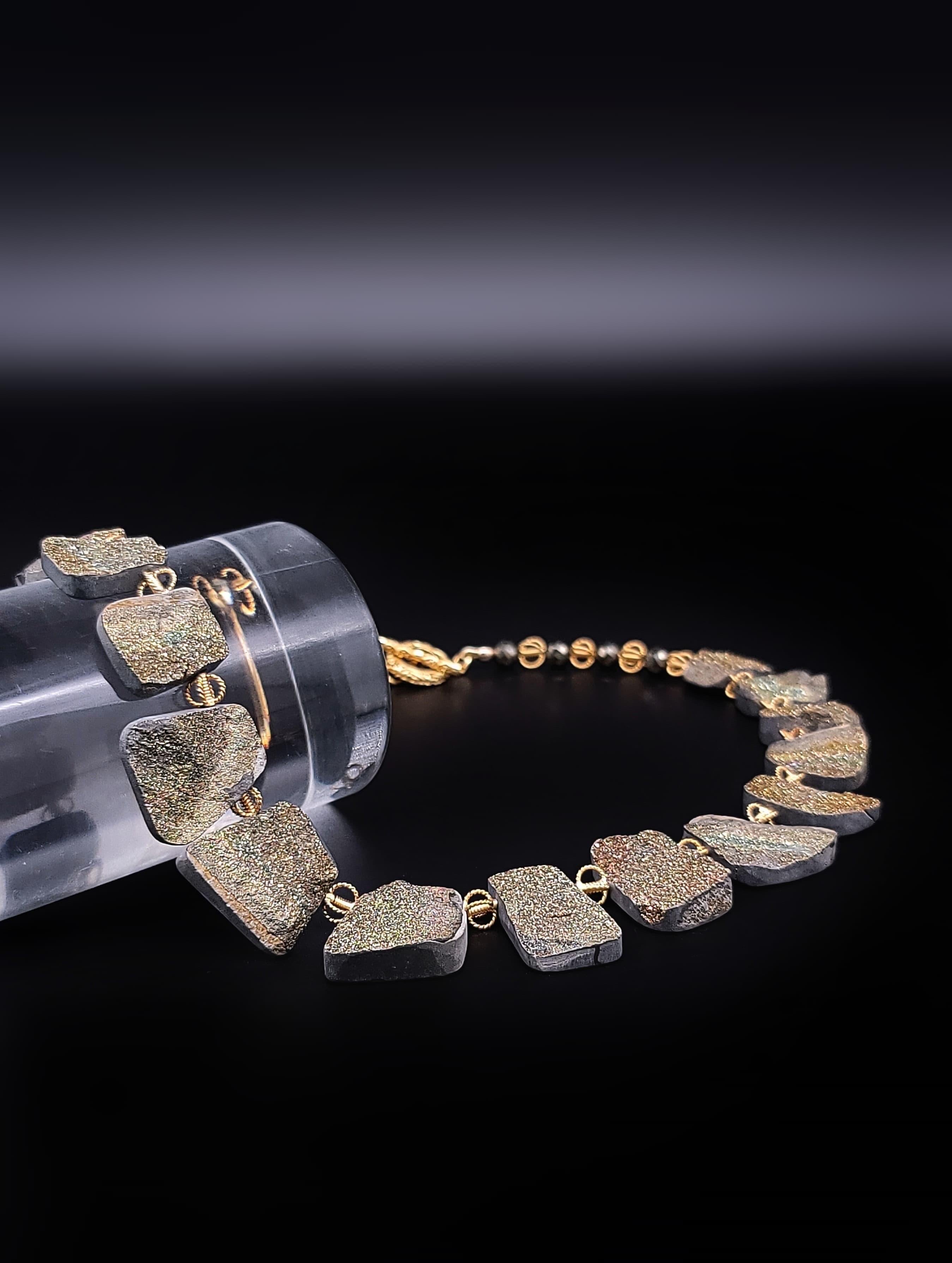 Women's or Men's A.Jeschel Rainbow Druzy Pyrite plates necklace. For Sale