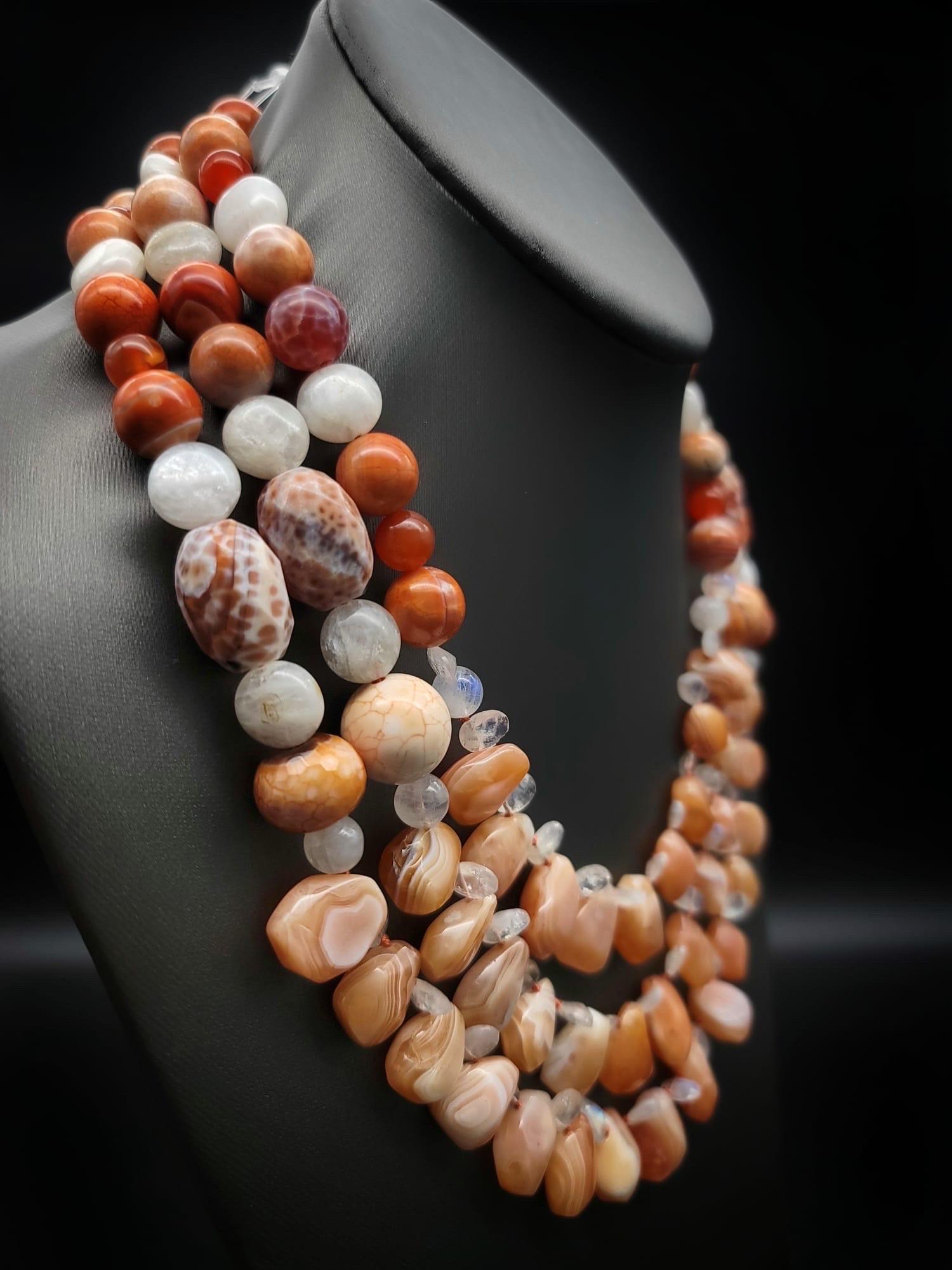 Mixed Cut A.Jeschel Rainbow Moonstone and Carnelian Necklace For Sale