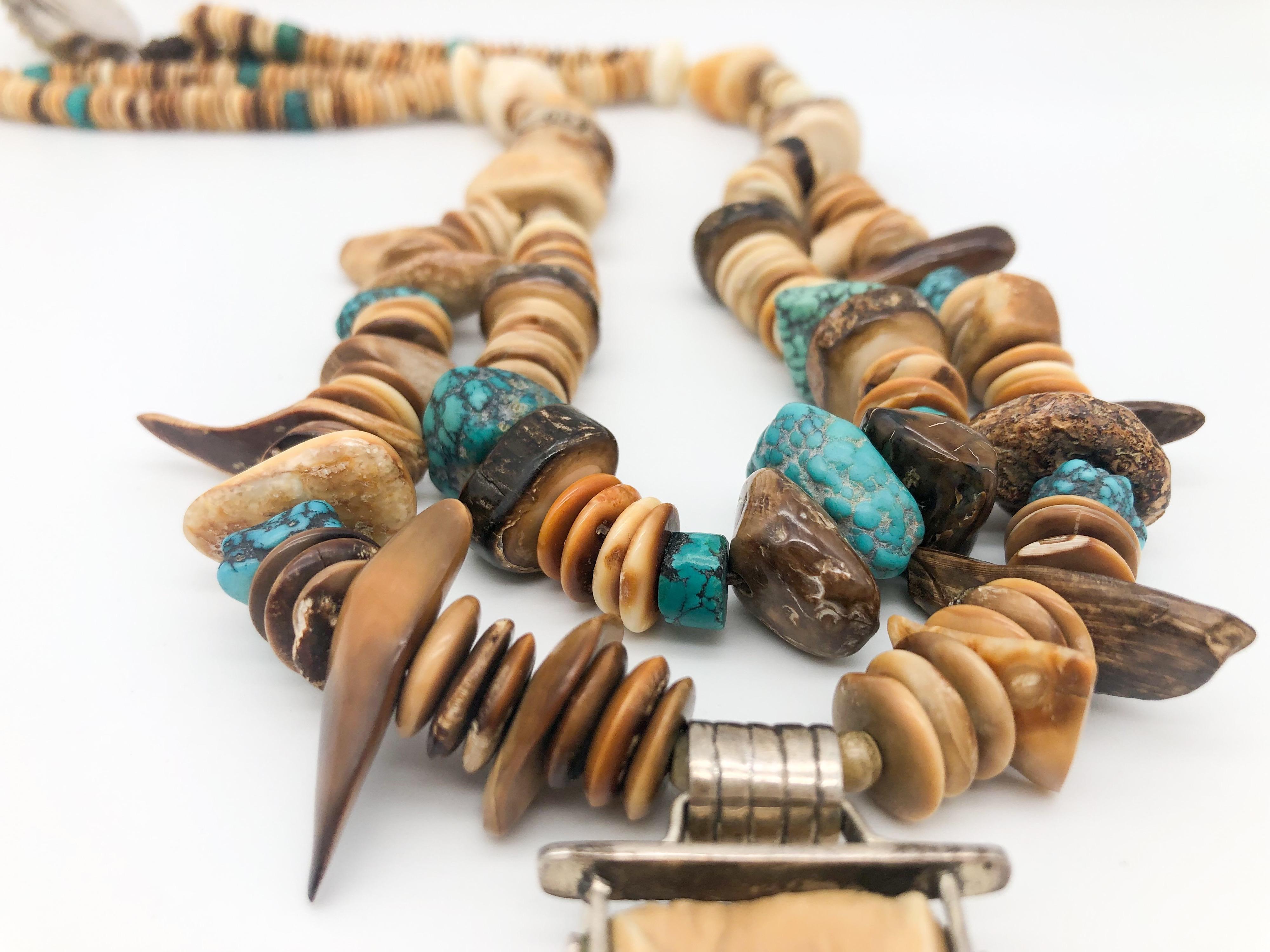 Mixed Cut A.Jeschel Remarkable prehistoric Turquoise and Fossil Pendant necklace. For Sale