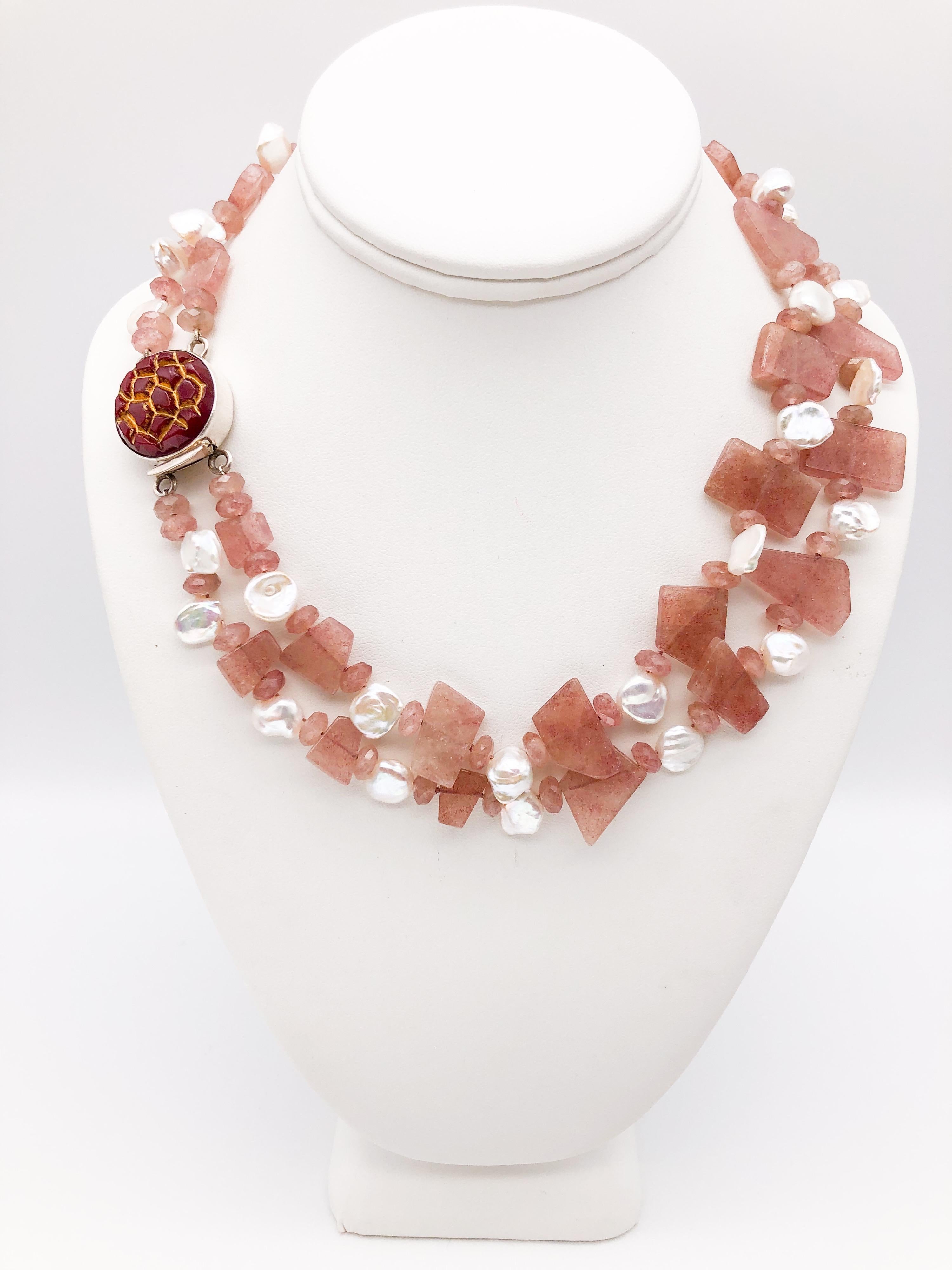 Contemporary A.Jeschel Rhodocrosite Rose and Freshwater Pearl Necklace For Sale