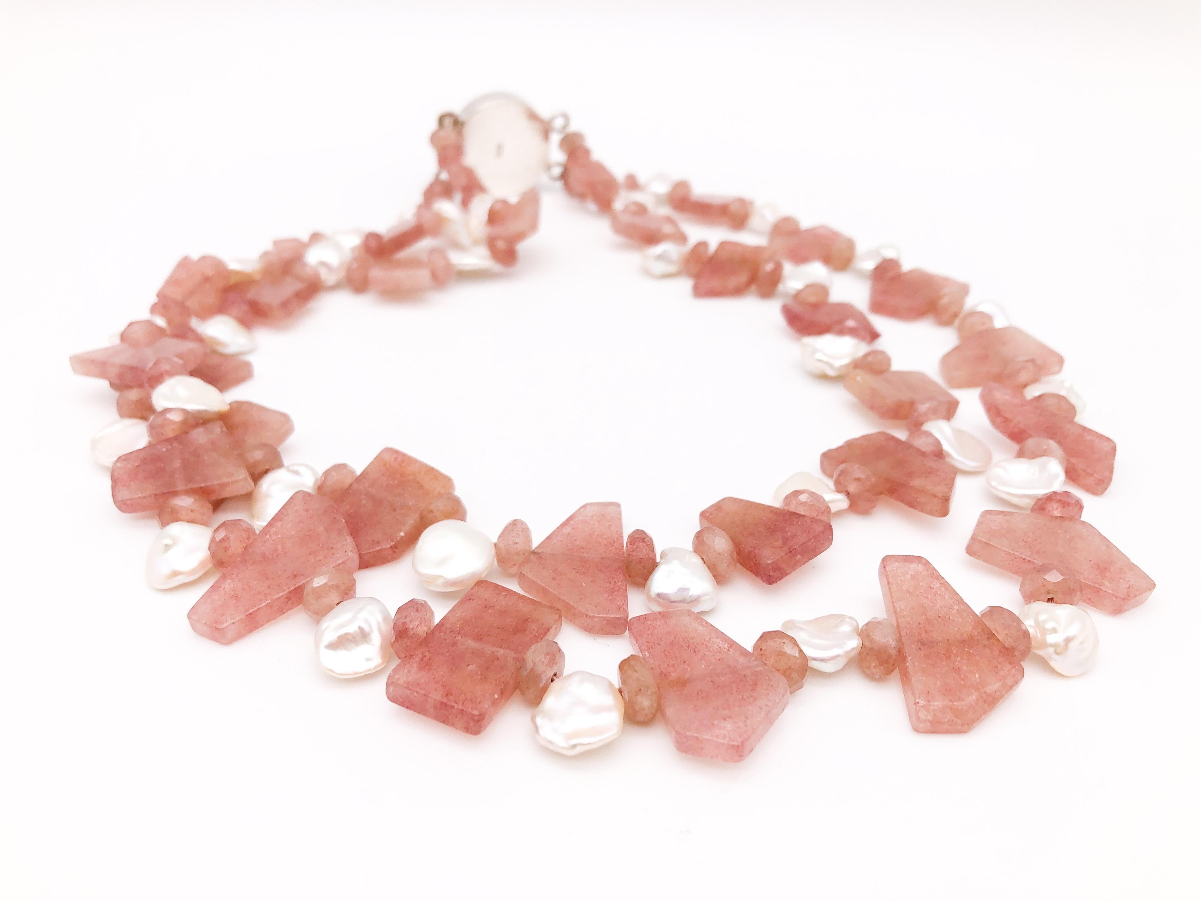 A.Jeschel Rhodocrosite Rose and Freshwater Pearl Necklace In New Condition For Sale In Miami, FL