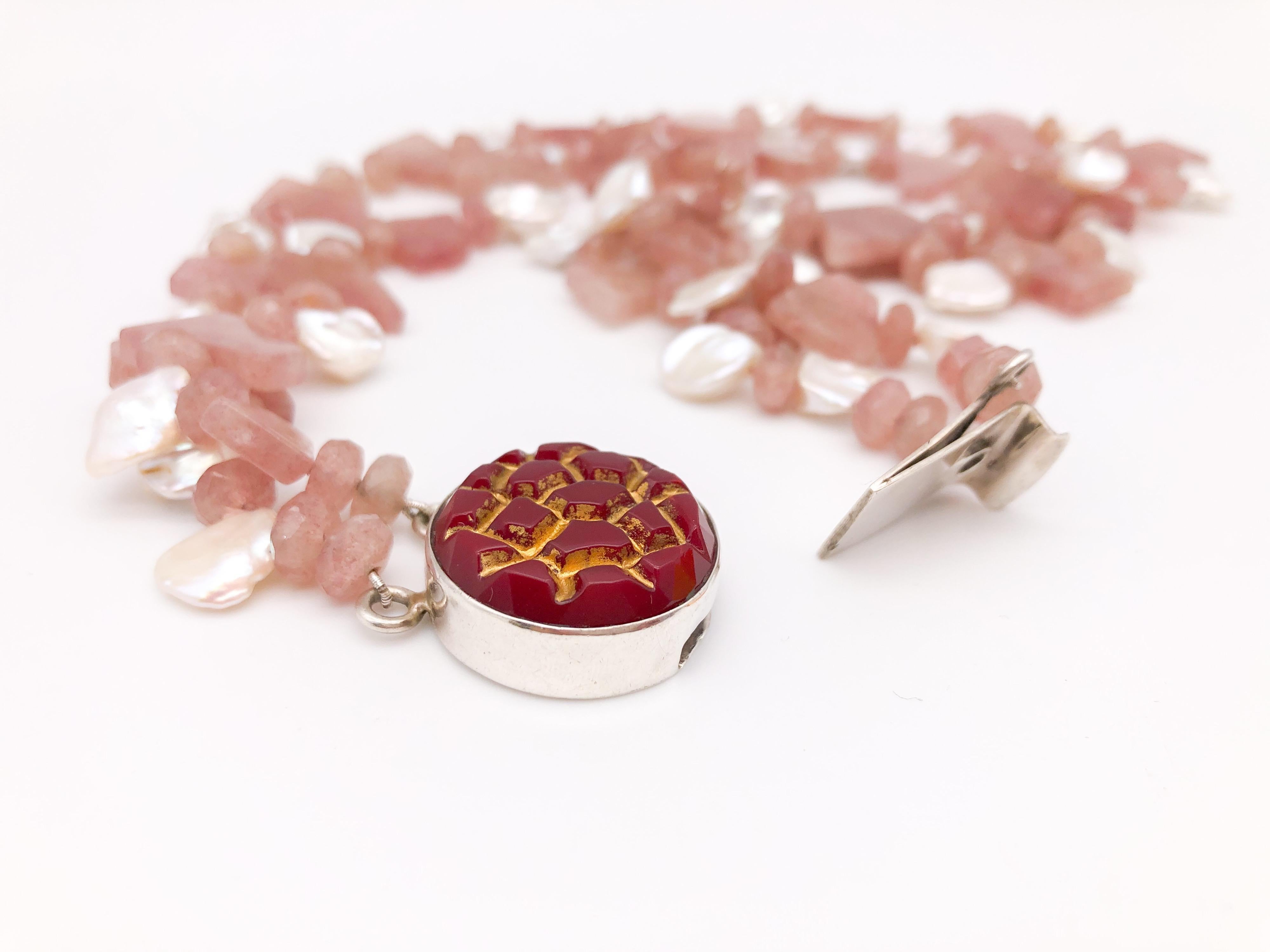 A.Jeschel, collier de perles rhodocrosite rose et d'eau douce en vente 1