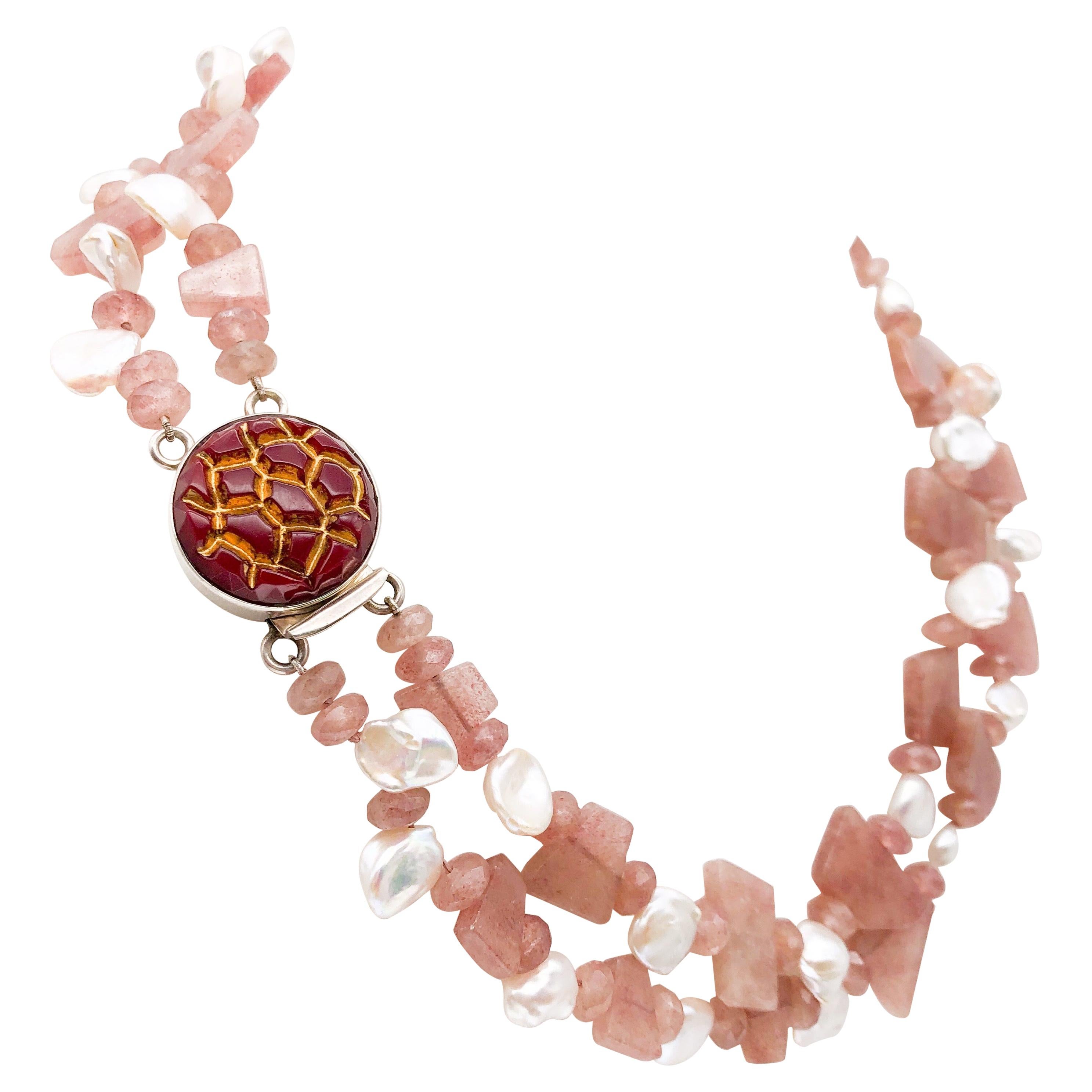 A.Jeschel, collier de perles rhodocrosite rose et d'eau douce