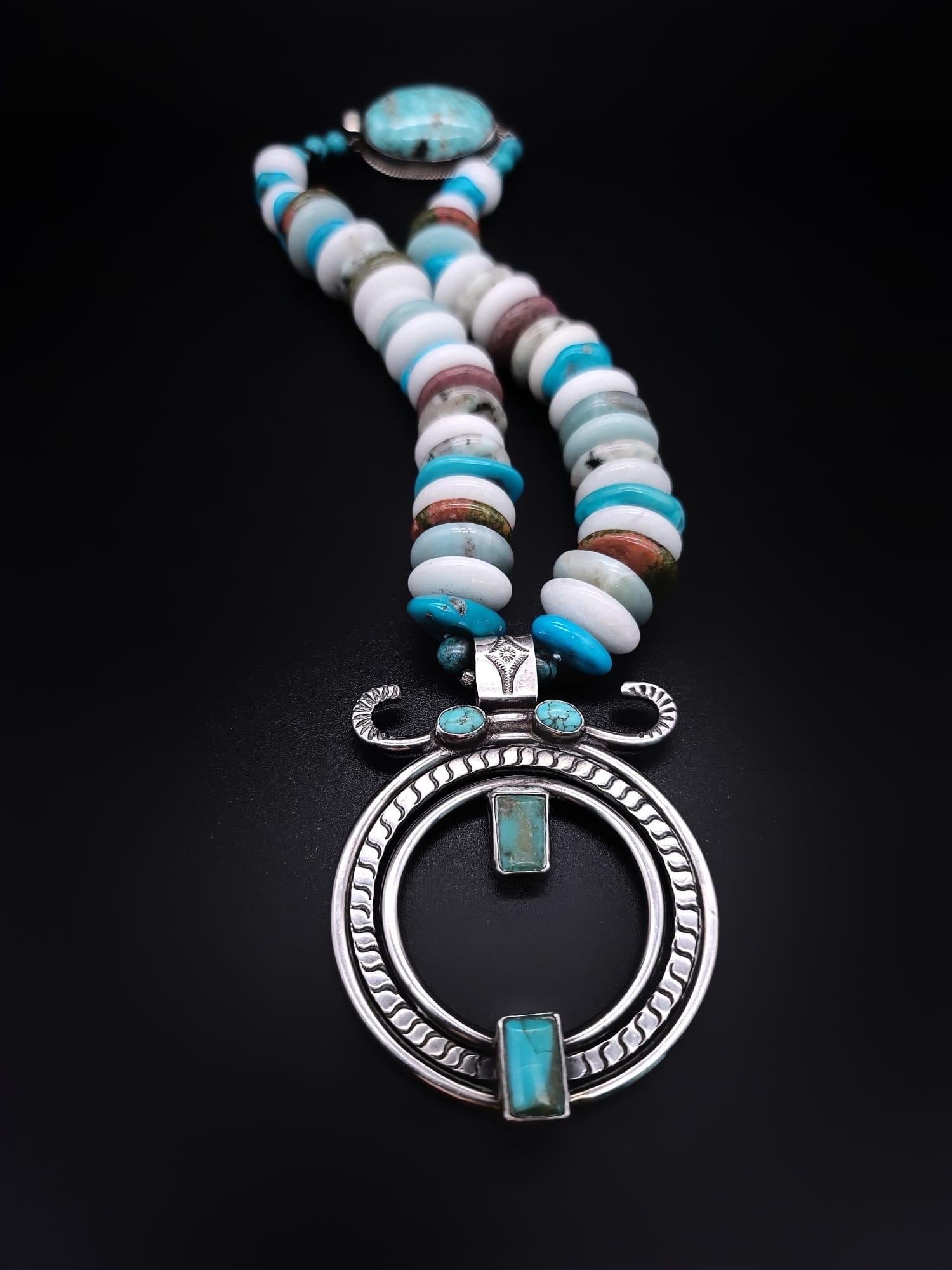A.Jeschel Rich solid Sterling Silver pendant  with Turquoise necklace. For Sale 4
