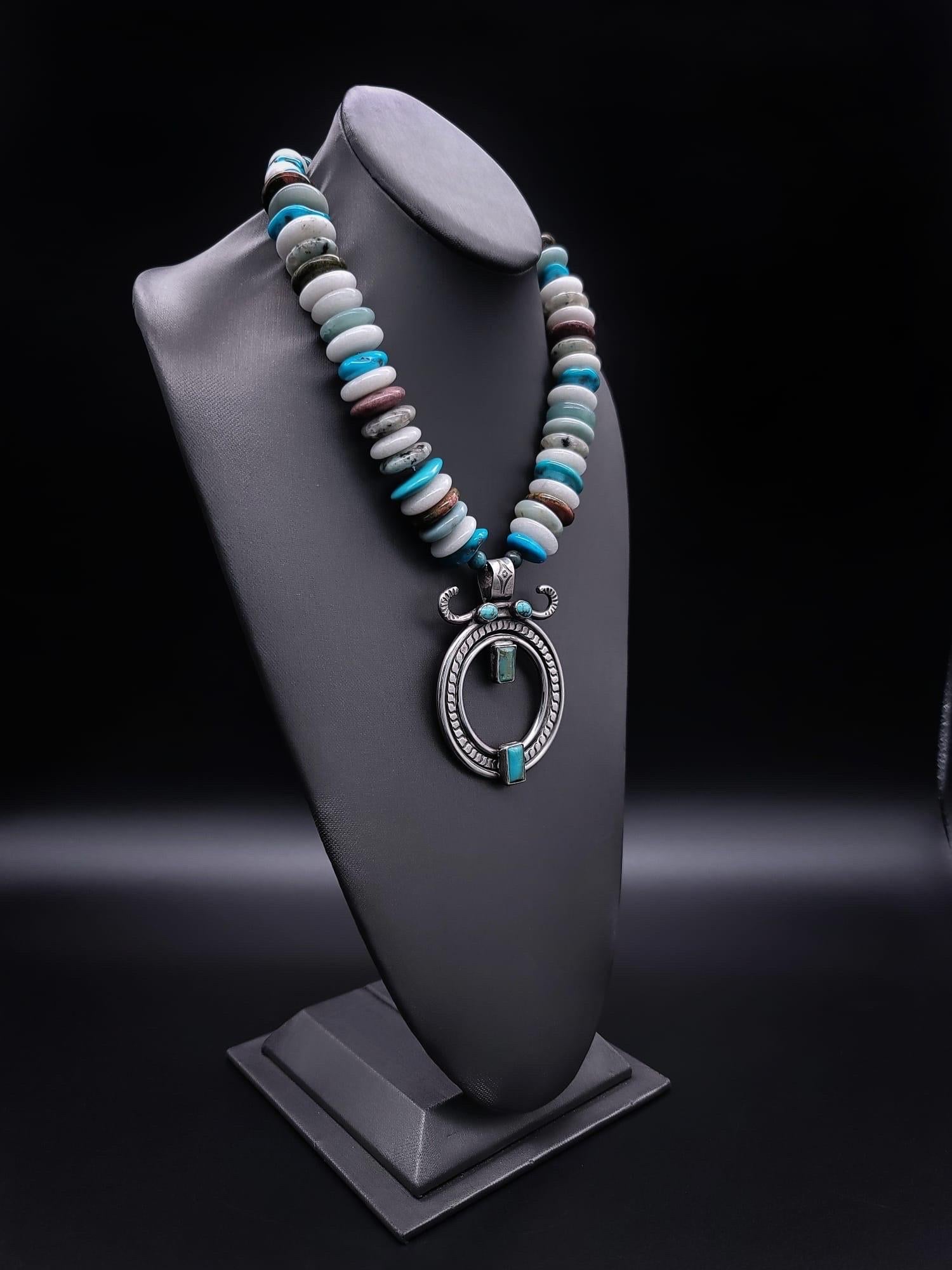 Contemporary A.Jeschel Rich solid Sterling Silver pendant  with Turquoise necklace. For Sale