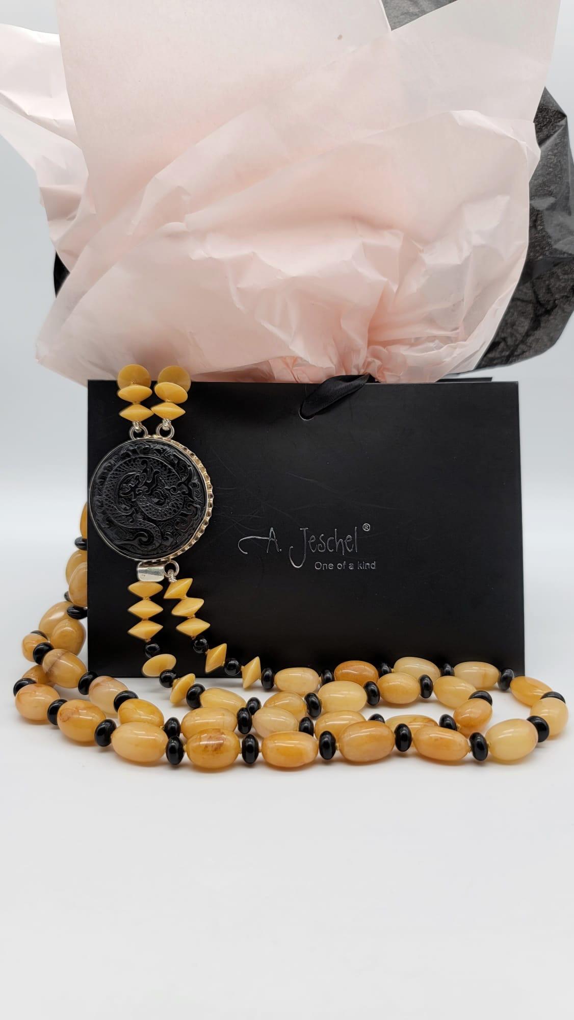 Mixed Cut A.jeschel Richly colored Honey Jade and black Onyx necklace