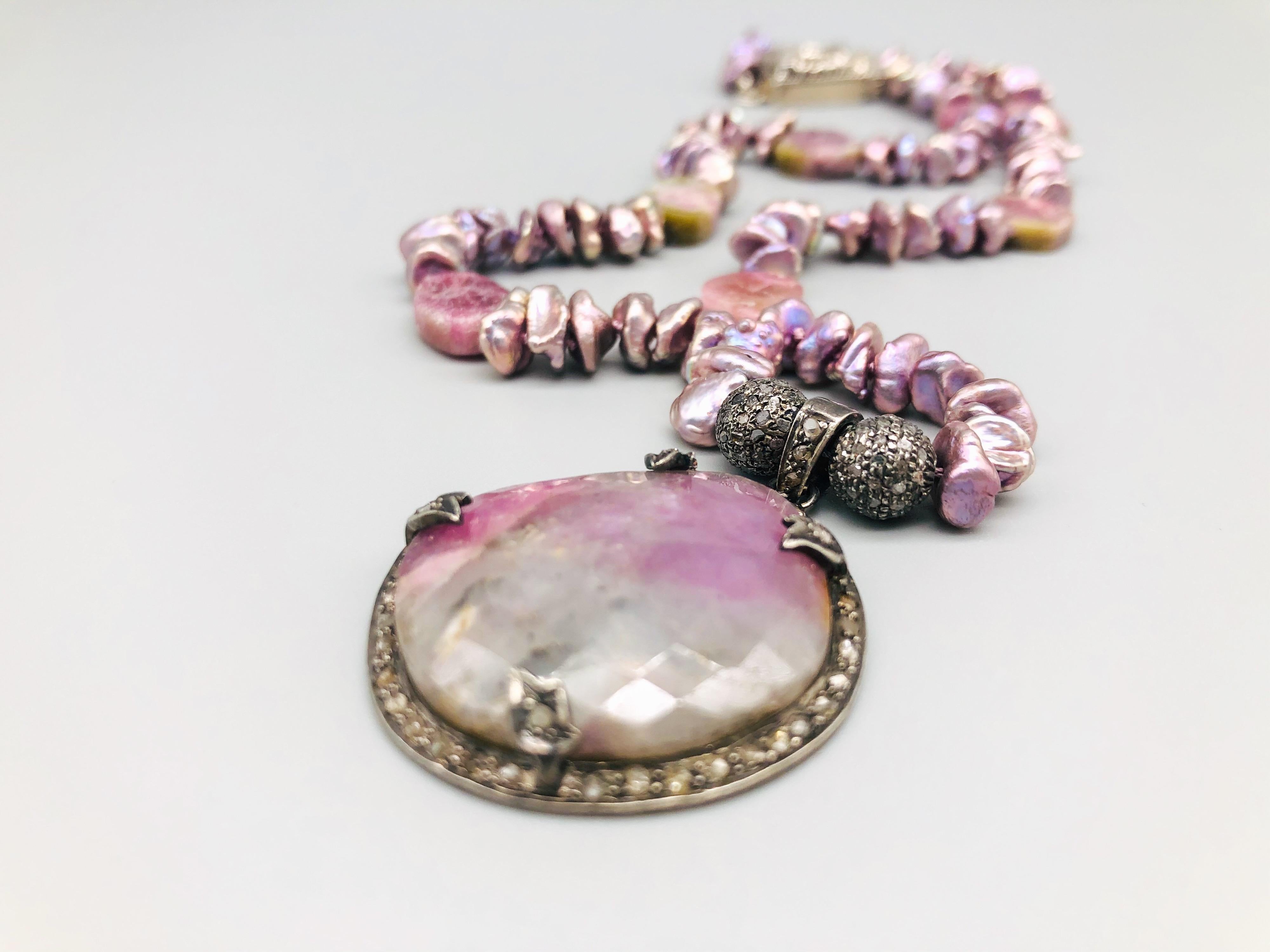 Mixed Cut A.Jeschel Romantic Pink Tourmaline and Diamond Pendant Necklace For Sale