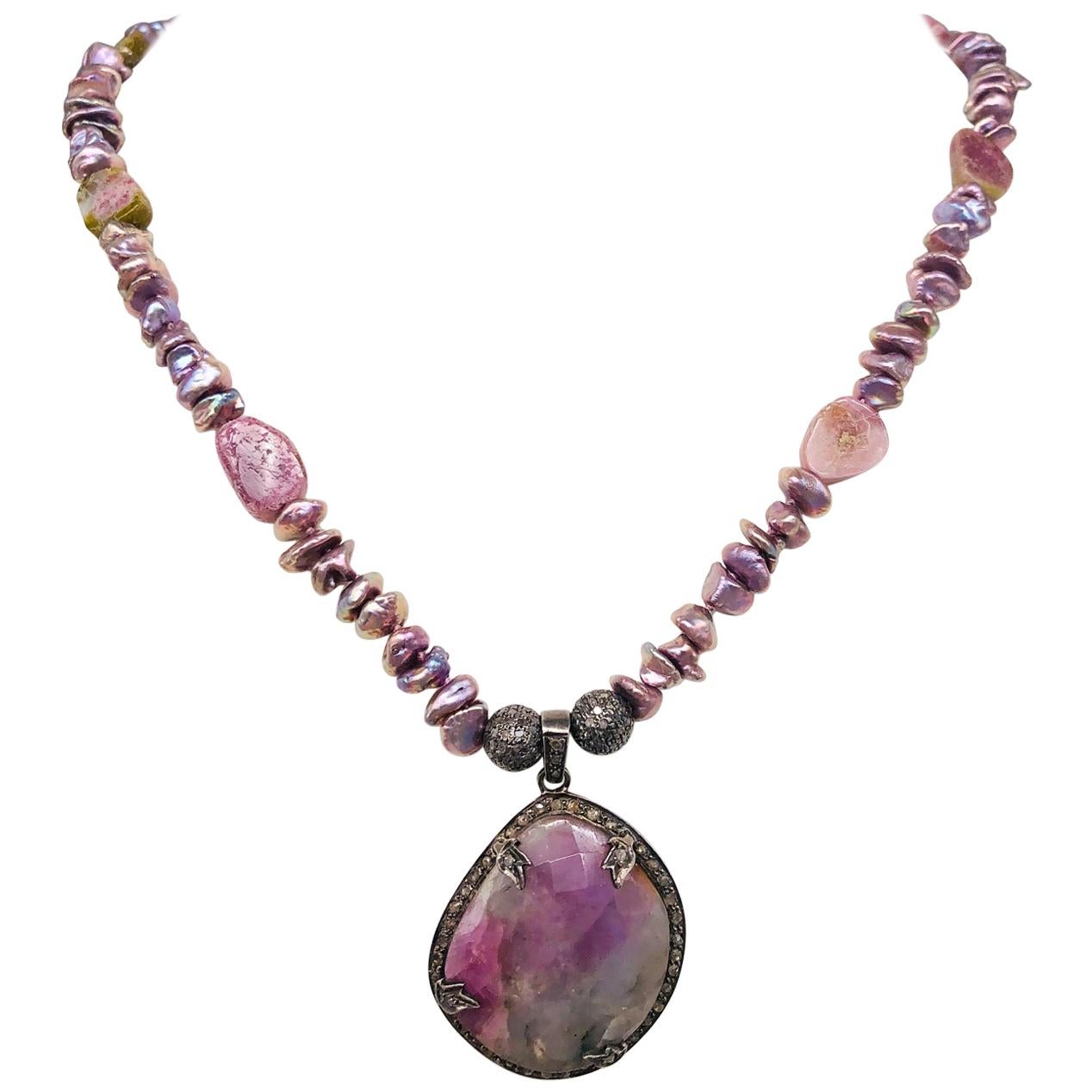 Contemporary A.Jeschel Romantic Pink Tourmaline and Diamond Pendant Necklace For Sale